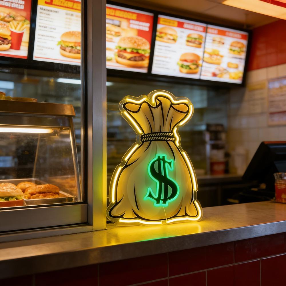 Money Bag Dollar Sign Neon Sign, USB Powered Dimmable Warm Yellow Green LED Neon Light, Money Themed Wall Decor for Man Cave Bar Game Room Office, Wealth Motivational Gift for Entrepreneurs Gamers Guys, size: 40 x 27 cm