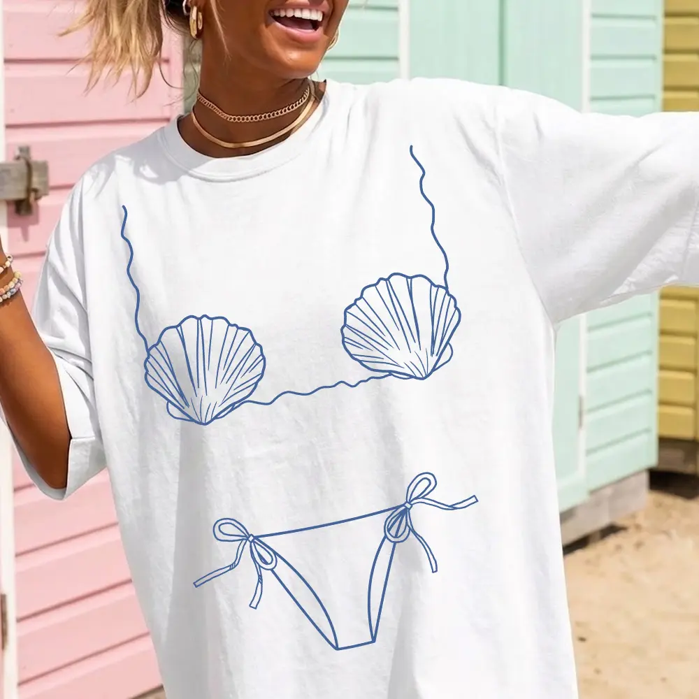 Women's Light Cotton Casual Breathable Short-Sleeve Trendy Funny Seashell Graphic Tee - Cute Mermaidcore Aesthetic Oversized Beach Vacation Swimsuit Cover Up, Shortsleeve, Everyday, Fabric, Fit, Unisex, Clothes, Cold Wash