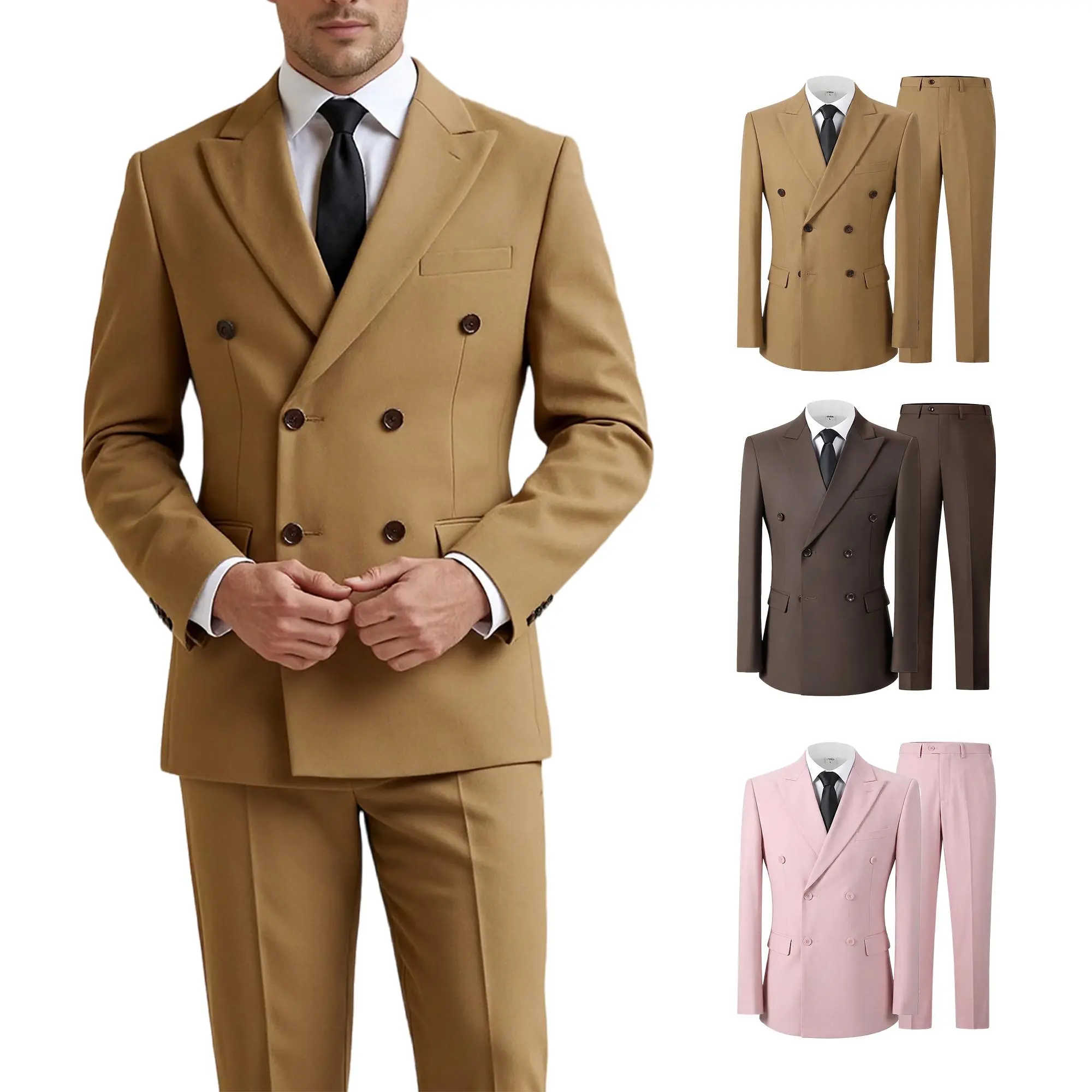Men's Classic Peak Lapel Double-Breasted Slim Suit Kit - Aesthetic Smooth Multi-Tone Complete Formal Blazer Ensemble, Versatile Outfit for Graduation, Prom & Cocktail Gatherings, Long Sleeve, Slim Fit