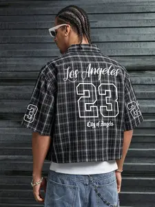 Men's Casual Plaid Short Sleeve Shirt, Back Print Los Angeles 23 Number, Basketball Street Style, Versatile for Commute, Sports, Shopping