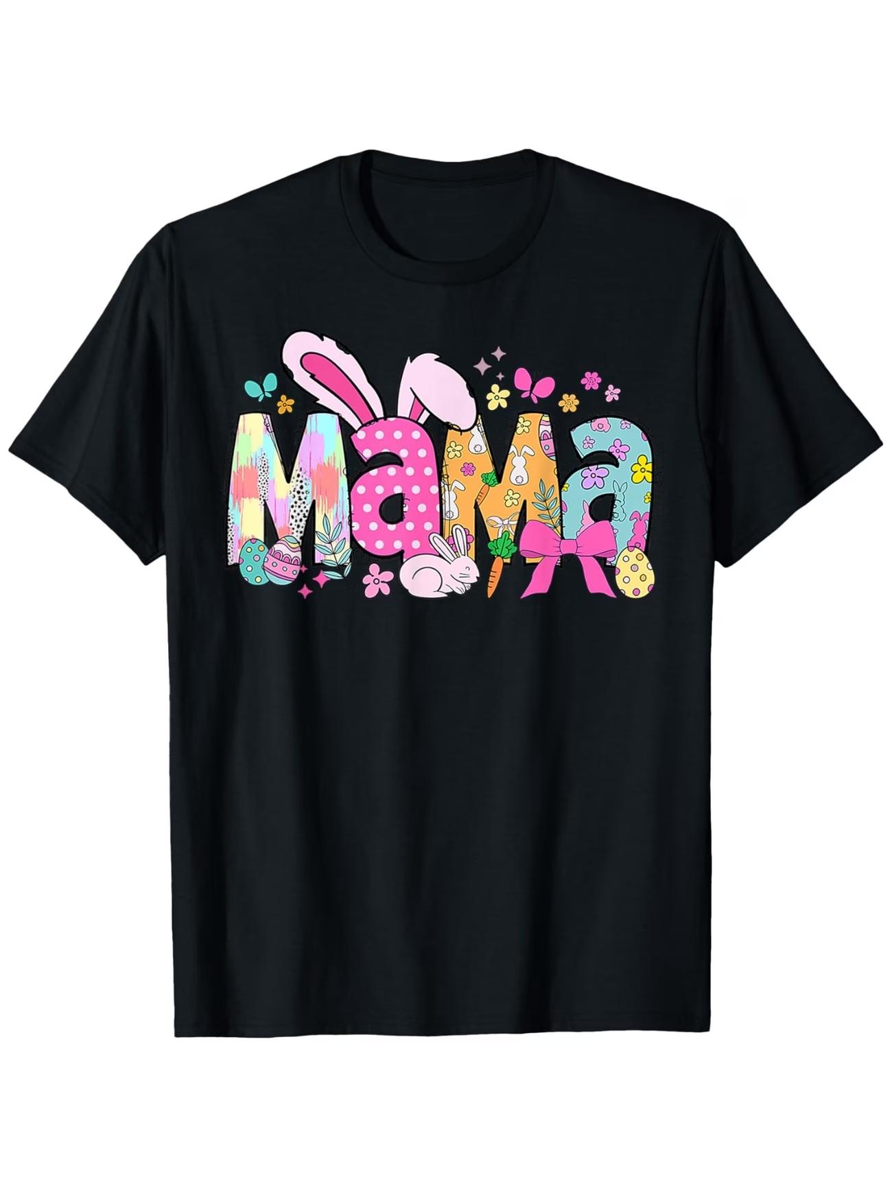 Mama Easter Bunny Rabbit T-Shirt for Cotton Short Sleeve Casual Tee with Easter Egg Hunt Design, Bunny & Mama Print,Spring Family Matching Outfits, Easter Party Apparel