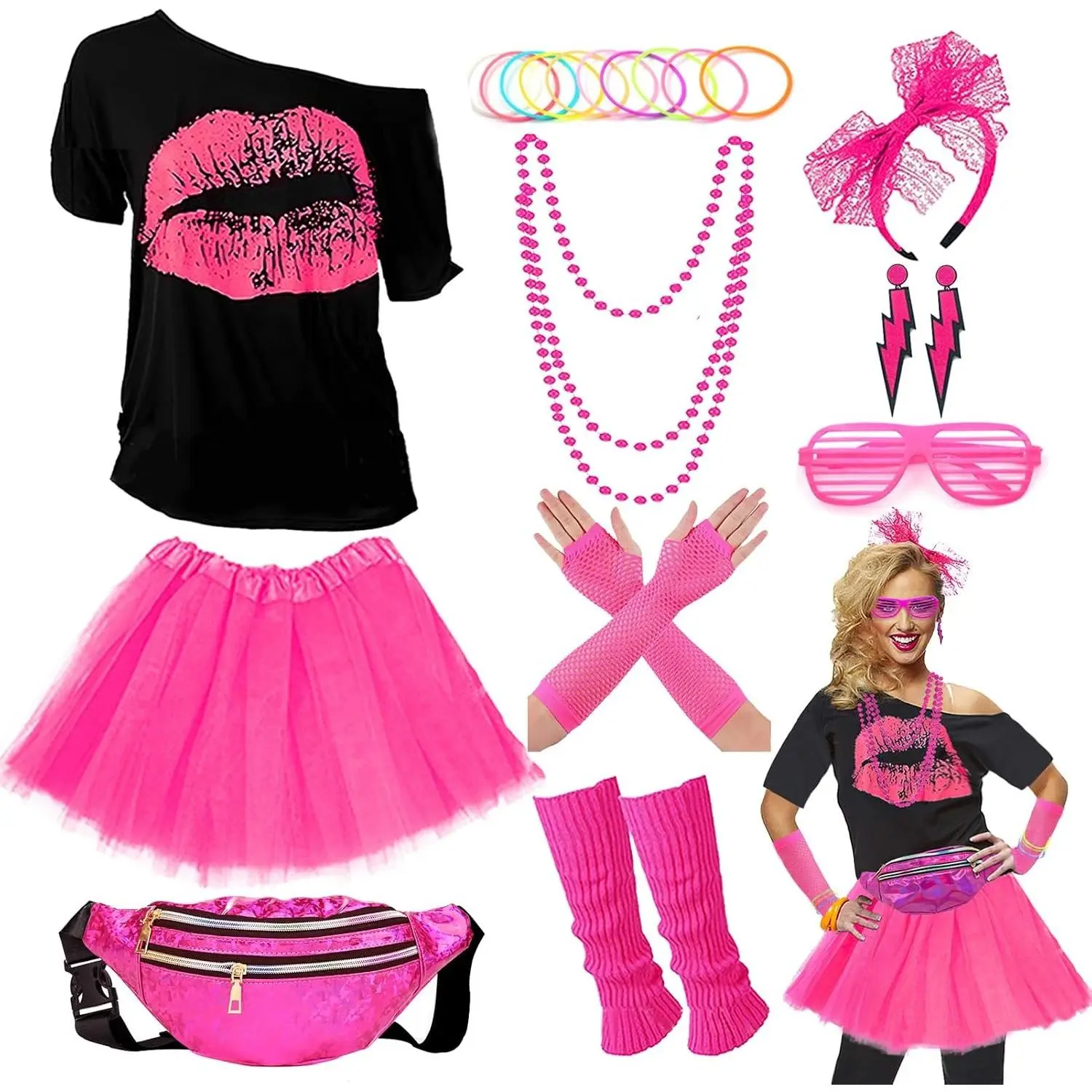Upgraded 80s Party Costume for Women - 80s Outfit Accessory Set with T-Shirt, Tutu Skirt, Waist Pack & MoreGift