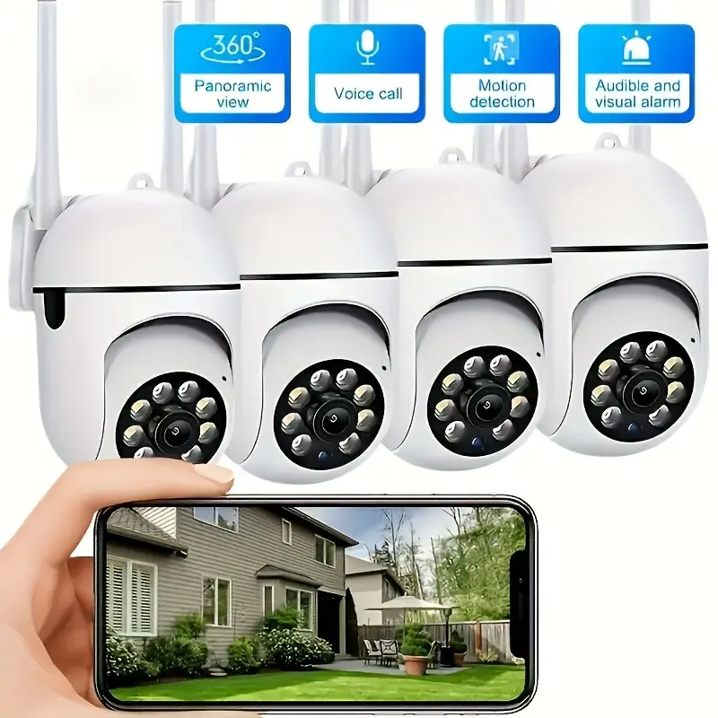 4pcs Wireless WiFi Pet Security Camera, Outdoor Weather-proof Water-proof Camera, 1080P HD, Color Night Vision, 2-Way Audio, Ease Life APP, 360 Pan/Tilt/Zoom, Motion Tracking & Detection For Home Security, Spotlight & Siren