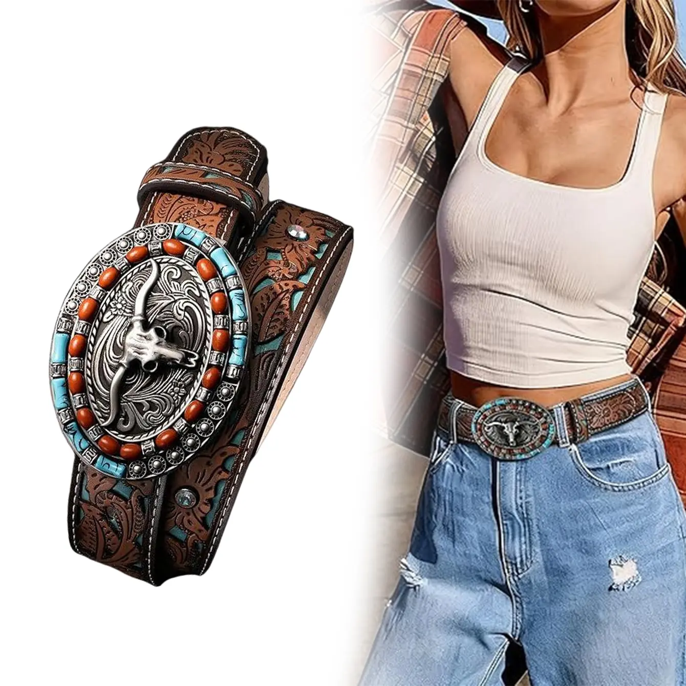 Women Western Cowgirl Embossed PU Leather Belt, Large Bull Skull Buckle With Turquoise Stone Vintage Southwest Waist Belt For Jeans Dresses