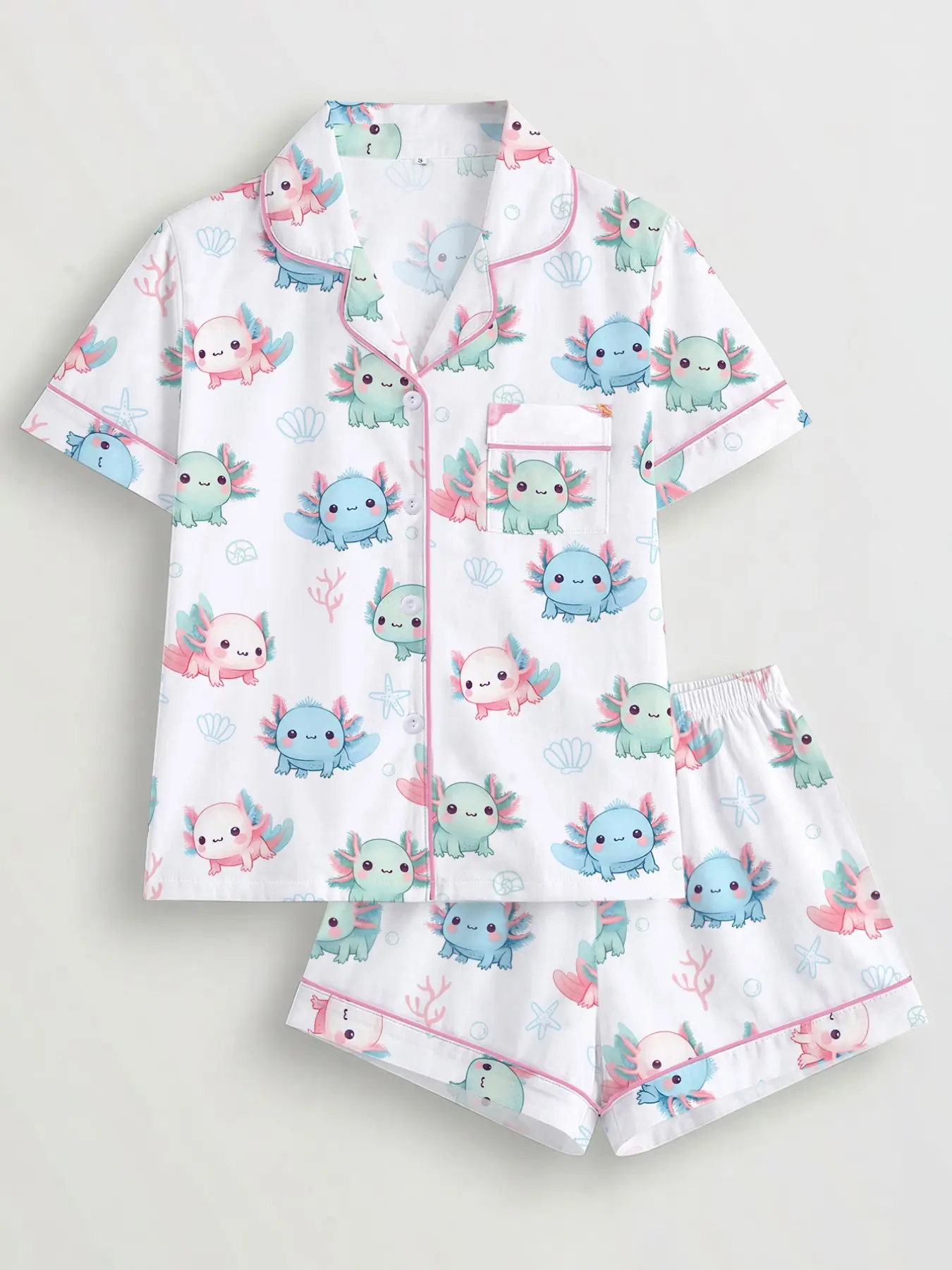 Women's 2-Piece Pajama Set, Hexagon Dinosaur Print, Short Sleeve Button-Up Top, Elastic Shorts, Casual Home Wear, All Seasons, Loungewear, Nightwear, Pyjamas, Casual Loungewear Outfit