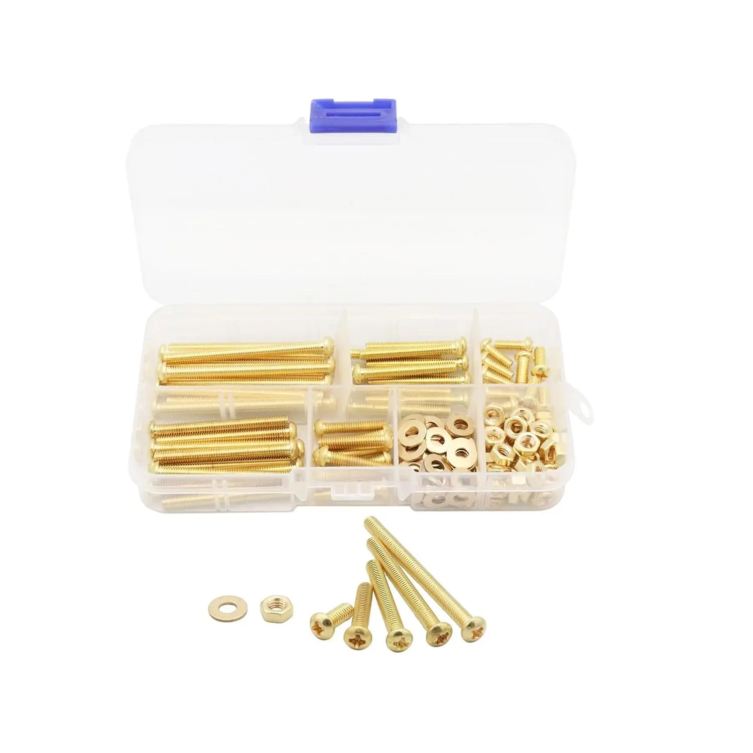 160 count Machine Screws  Kit, M4 Phillips Pan  , 5 Sizes (with Nuts and Flat Washers), Copper (Yellow)