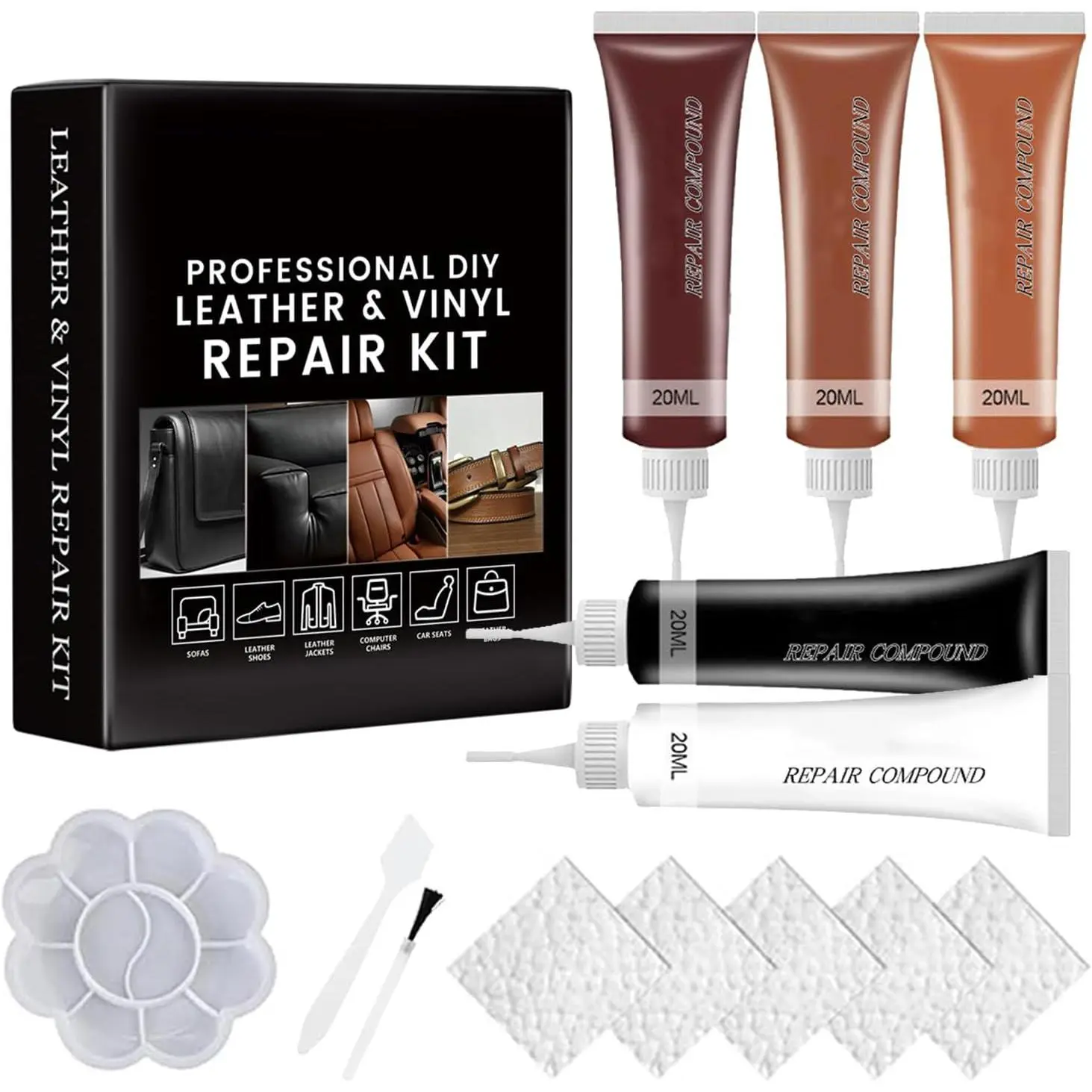 Leather Repair Kit for Furniture, Sofa, Jacket,  Seats & Purse, 5 count Vinyl Repair Kit with Easy Instructions, Fix Tears, , Holes & Peeling  Genuine, Faux, Bonded Leather (Brown)