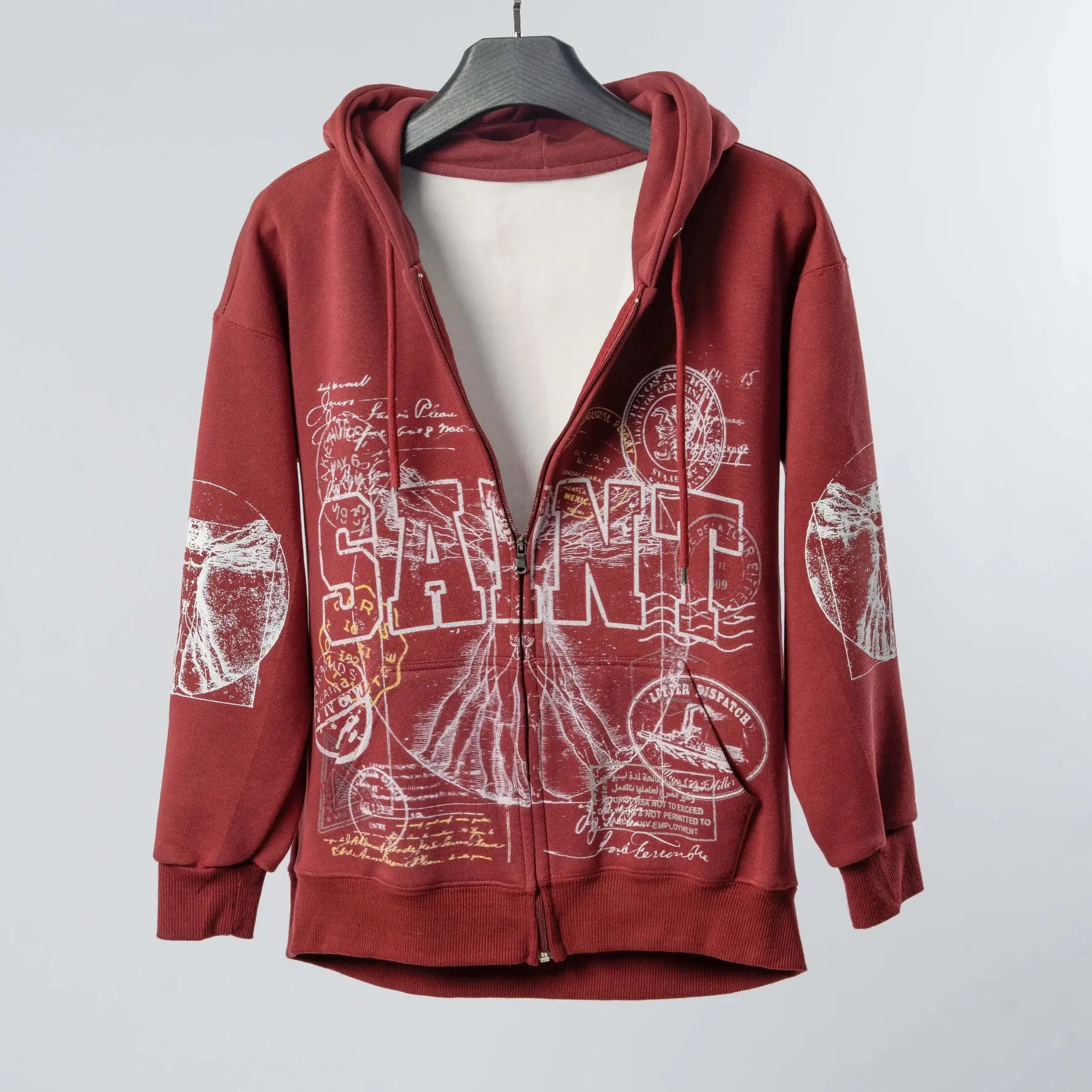 SAINT Vintage Red Postage Stamp Script Zip Up Hoodie 100% Cotton Loose Oversized Y2K Graphic Hooded Sweatshirt Autumn Winter Streetwear Jacket Top Men Women Unisex