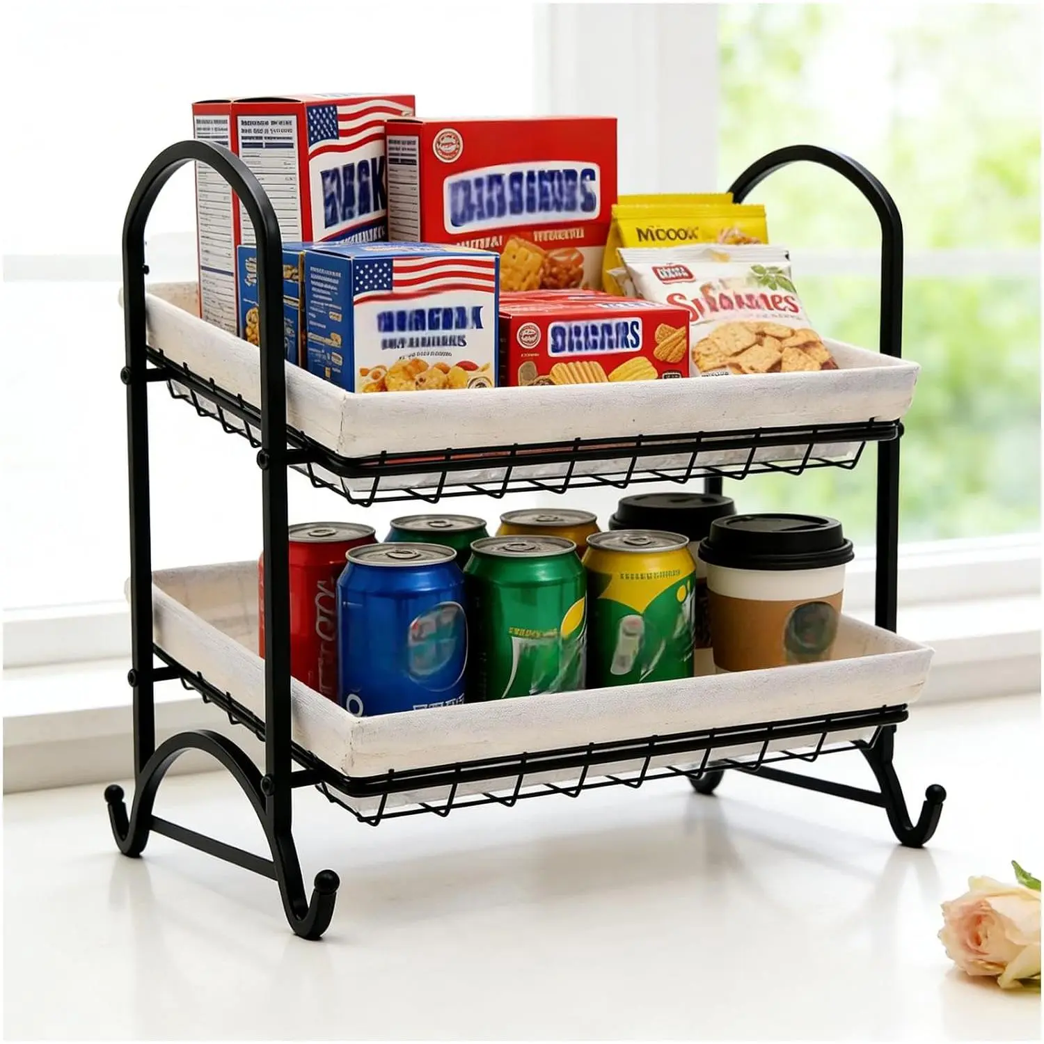 Stackable Candy Display Rack with Canvas Cover|Stackable Candy Organizer|Multi-Function Snack Rack&Shelf for Chips | Display Solution for Stores (White, Medium)