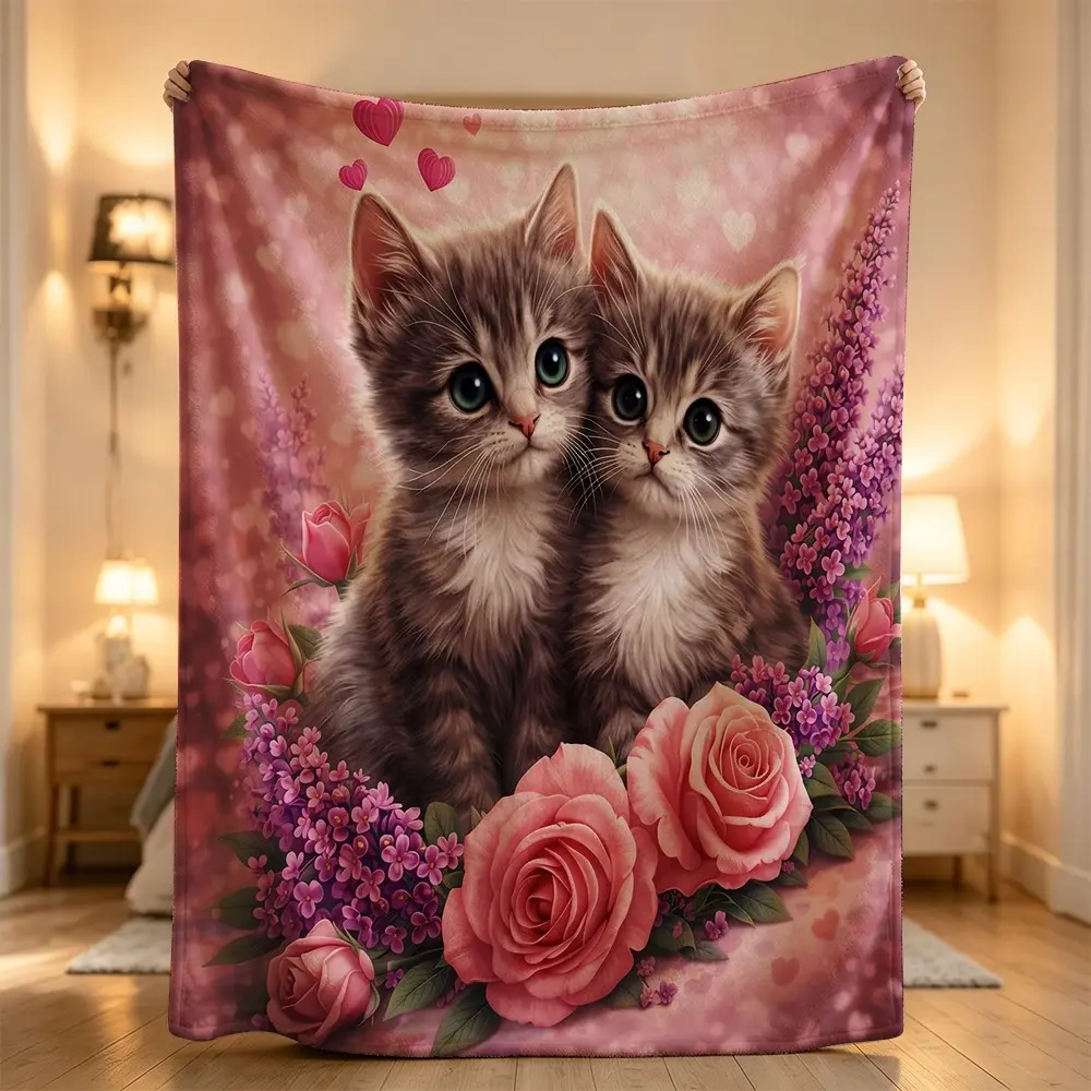 Cozy floral cat heart design pink blanket roses lavender Flannel blanket, sofa leisure blanket, bed blanket, Plush Throw Blanket,Cozy Soft Lightweight Blanket,Boho Decorative Throw Blanket