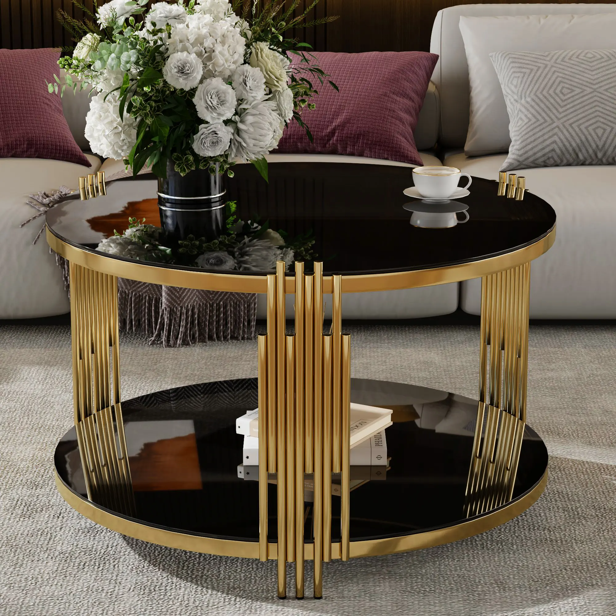 ARCH Modern Black Mirror Coffee Table with Gold Finish Asymmetrical Metal Drum Base and Lower Shelf for Living Room, Circular Design, Contemporary Accent Table, 1-Piece, Living Room Table for Sofa Side, Bedroom, Office, Apartment and Home Decor