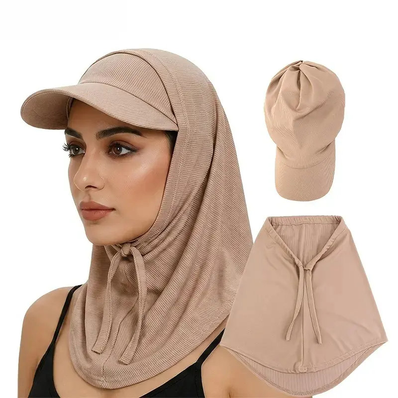Muslim Women's UPF Sun Protection Hijab Cap with Visor - Adjustable Drawstring, Stretch Poly, Breathable Quick Dry, Neck Cover, Windproof, Wide Brim, Skull Design for Outdoor Cycling Hiking