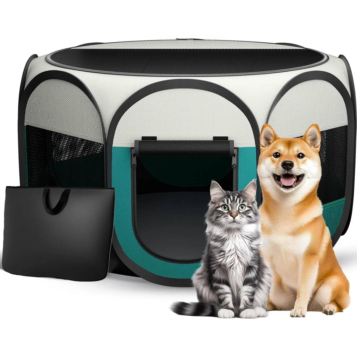 Poldable Dog Cat Playpen Outdoor, Foldable Puppy Kitten Playpen for Small Pet, Indoor& Outdoor Kennel Pop Up with Carrying Case