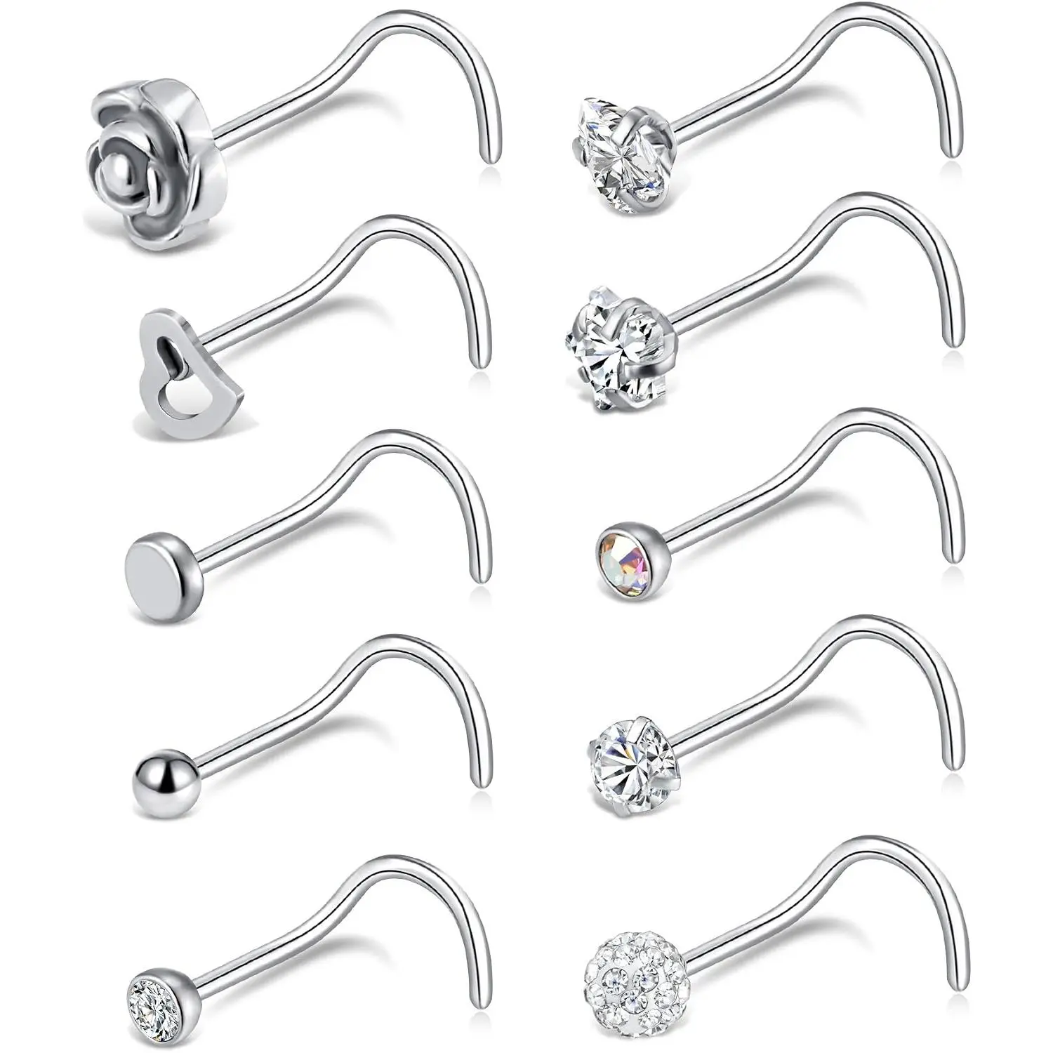 20G 10 count Stainless Steel Nose Screw Studs Rings CZ Nose Ring Labret Nose   for Men Women  Rose  Tone