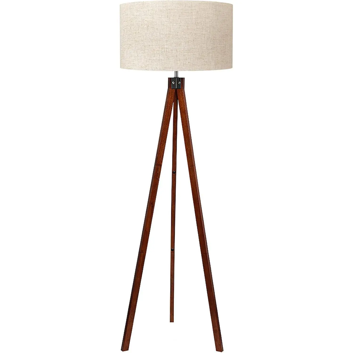 Rubberwood Tripod Floor Lamp, Mid-Century Easy-to-Assemble Standing Lamp with Flaxen Linen Shade & E26 Base, Modern Studying Light for Living Room, Reading Nook, Children’s Spaces, Brown