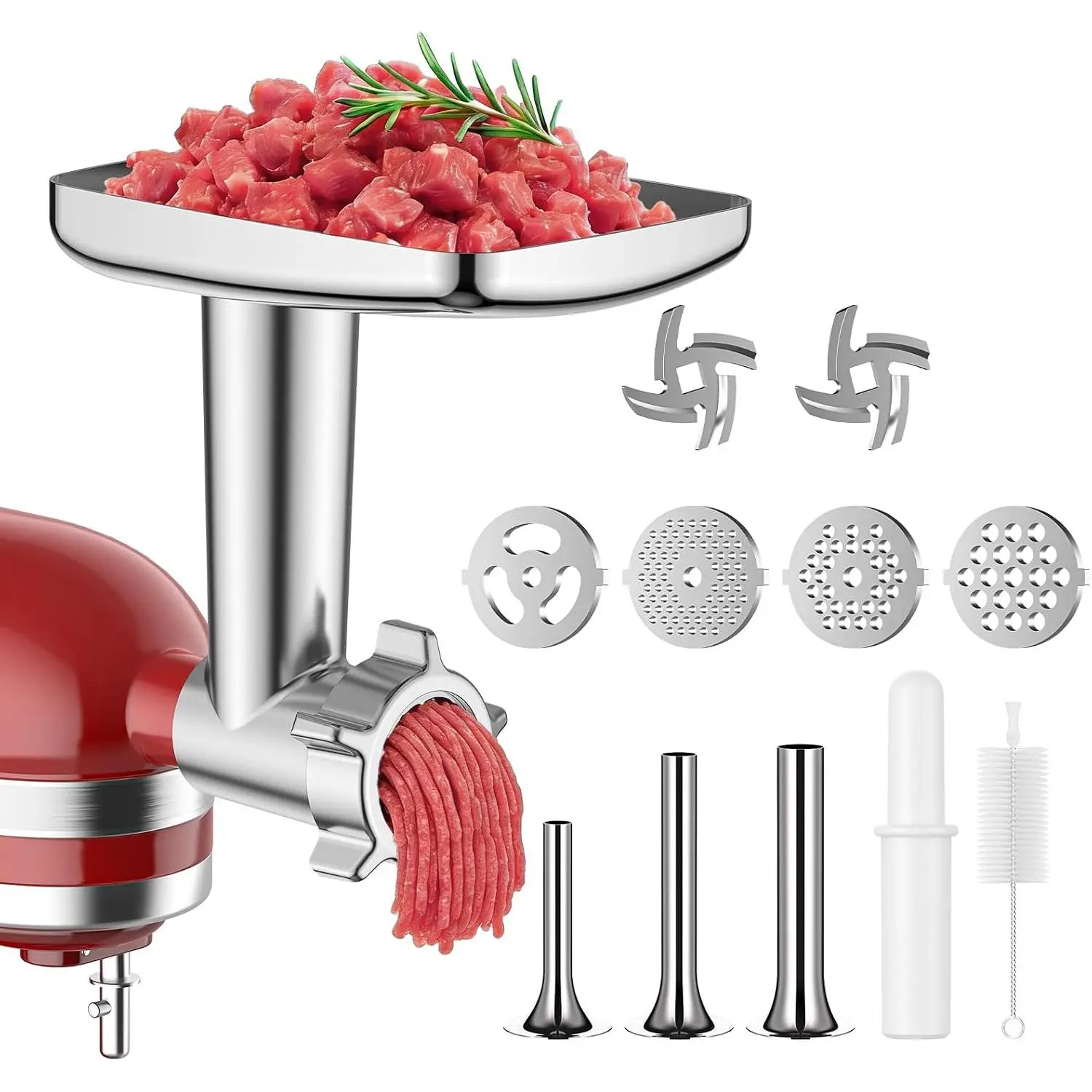 Meat  Attachment for  Stand Mixer,  |  Metal Meat  for Kitchen Aid with 4 Grinding Plates, 3 Sausage Stuffer Tubes and 2