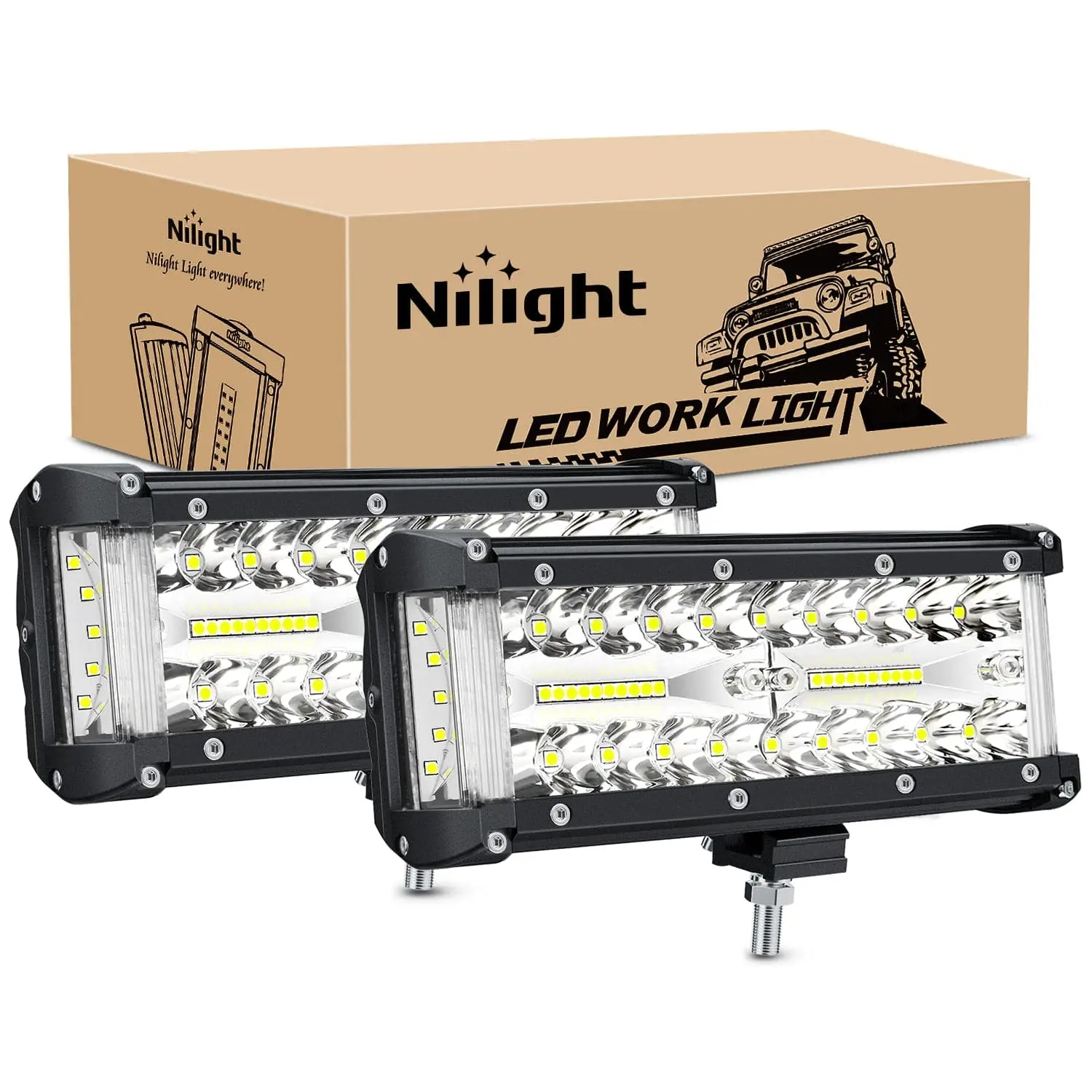 Nilight 7-Inch Triple Row Spot-Flood Combo Work Light Bars (2 PCS) - 60W 5500 Lumens, 30° Spot Beam, 200° Wider Light Coverage, Heavy Duty Aluminum Off-Road Lighting for Truck, ATV, Tractor, 170° Flood Beam