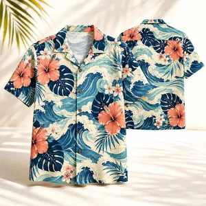 Men’s Hawaiian Shirt Tropical Beach Shirt Summer Vacation Luau Shirt Palm Tree Ocean Wave Floral Print Casual Button-Up Shirt Short Sleeve Lightweight Resort Shirt for Travel Party Holiday Wear