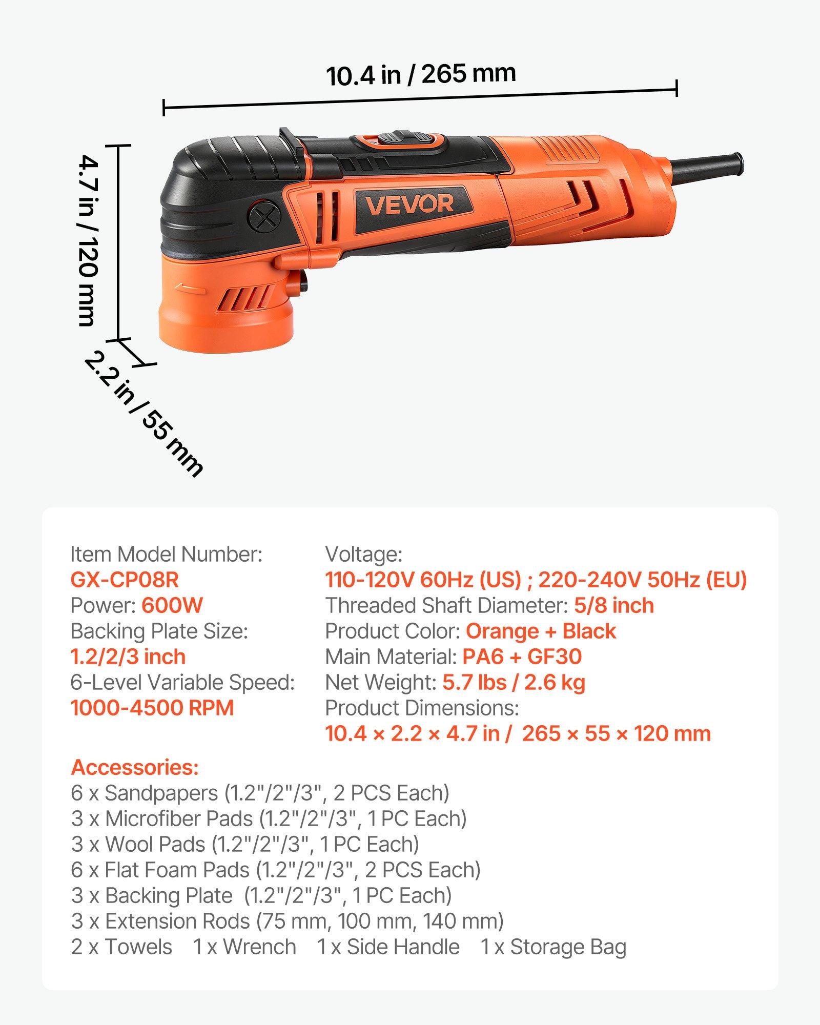 VEVOR Car Buffer Polisher, 1.2"/2"/3" Rotary Polisher Buffer, 600W 6 Variable Speeds 1000-4500RPM Car Polisher Waxer Kit for Cars Detailing, Waxing, Polishing, Scratch Removal