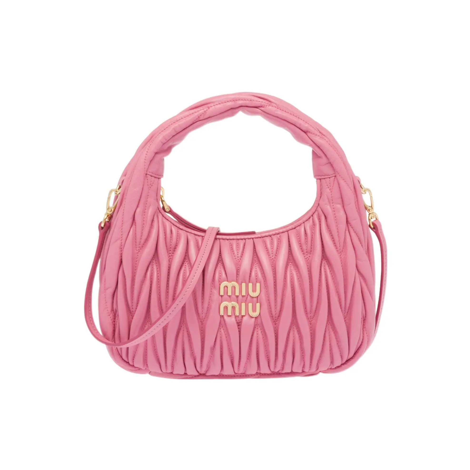 Miu Miu Wander Jacquard-Embossed Hobo Bag for Women – Soft Lambskin Shoulder Bag in Peony Pink
