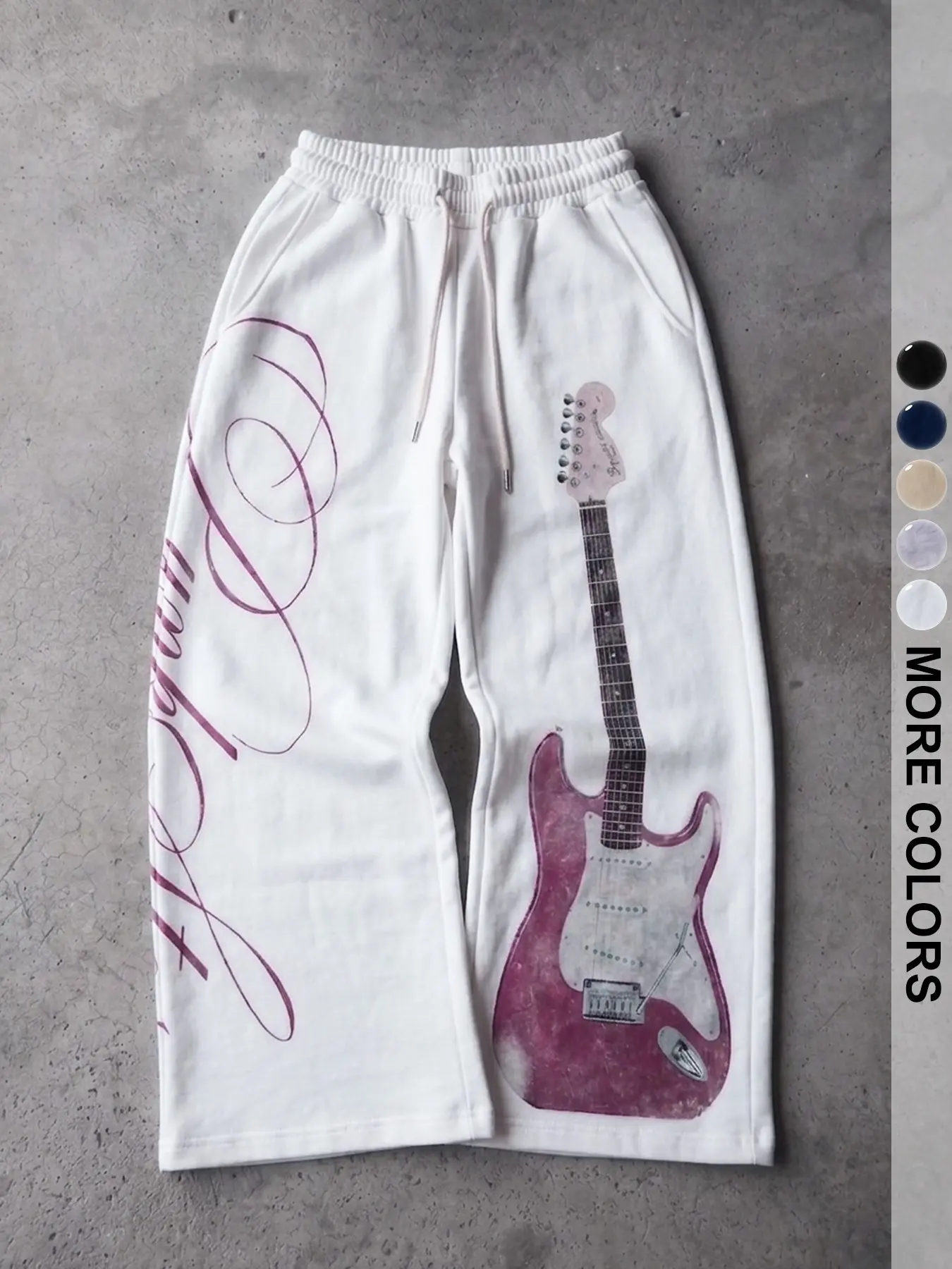 Men's Drawstring Wide Leg Sweatpants, Vintage Pink Electric Guitar Cursive Script Full Side Print, Cream Soft Fleece Fabric, Retro Rock Street Daily Trousers, Menswear