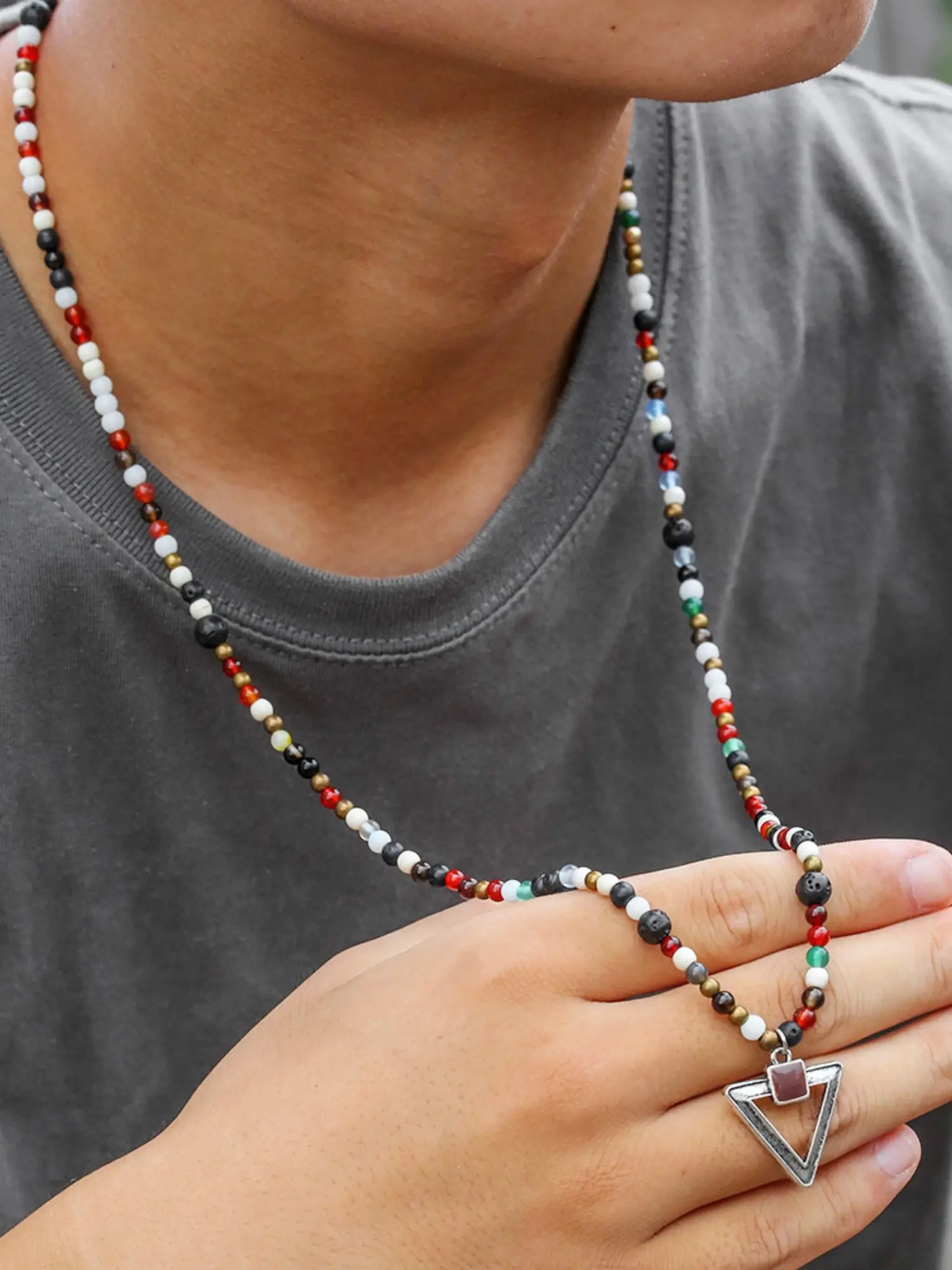 Ethnic Style Colorful Glass Bead Necklace, Men's Long Triangle Pendant Volcanic Stone Necklace, Vintage Jewelry Accessory
