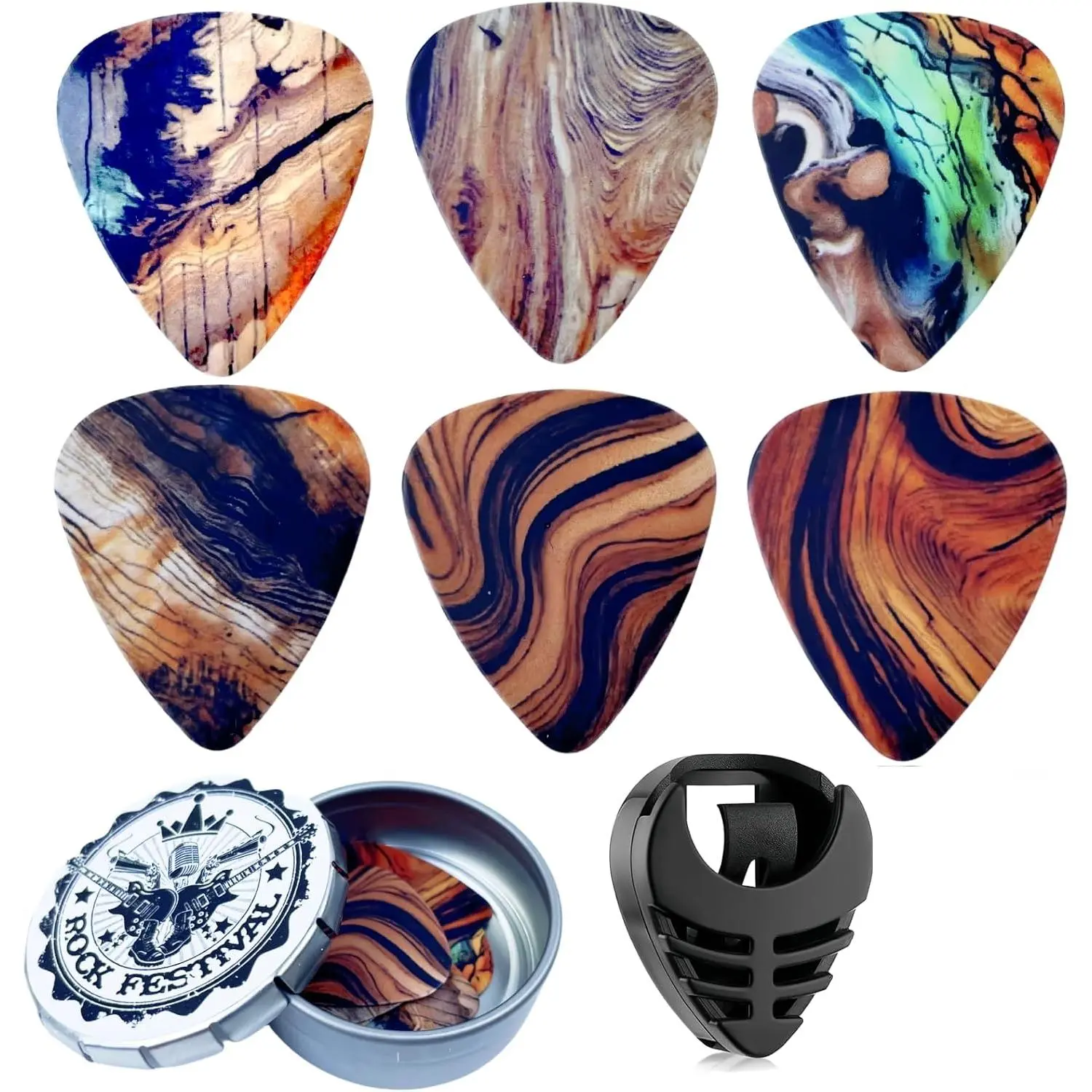 Guitar Picks-Medium, 6 Pack Art Cool Guitar Pick In Metal Box W/Black Pick Holder,   For Bass, Electric & Acoustic Guitars Lovers (Desert)