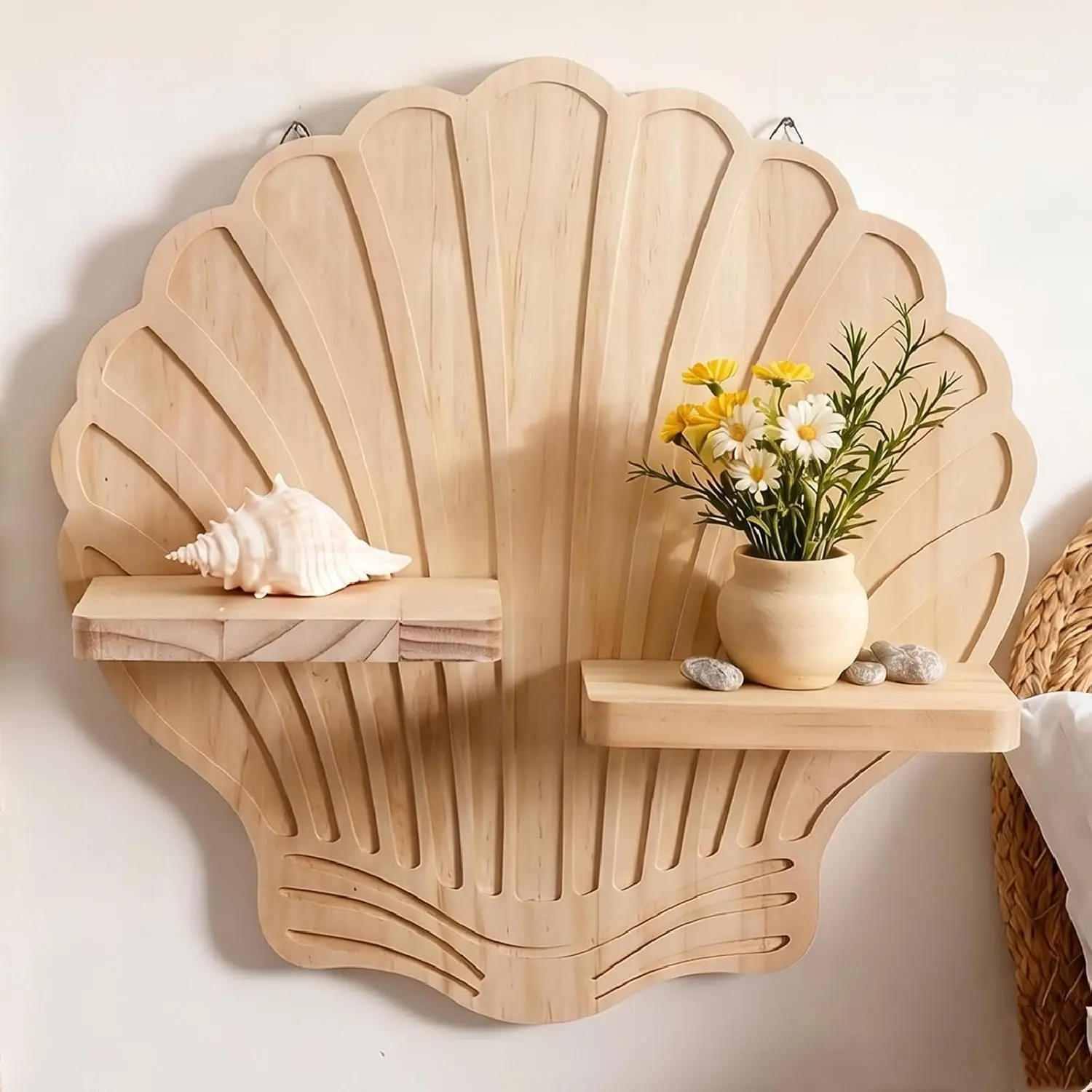 Seashell-Shaped Wooden Wall Shelf, Boho Coastal Floating Shelves for Wall Decor, 2-Tier Natural Wood Display Shelf for Bedroom, Living Room - Unique Beachy Wall Organizer, 13.97x13.77inch