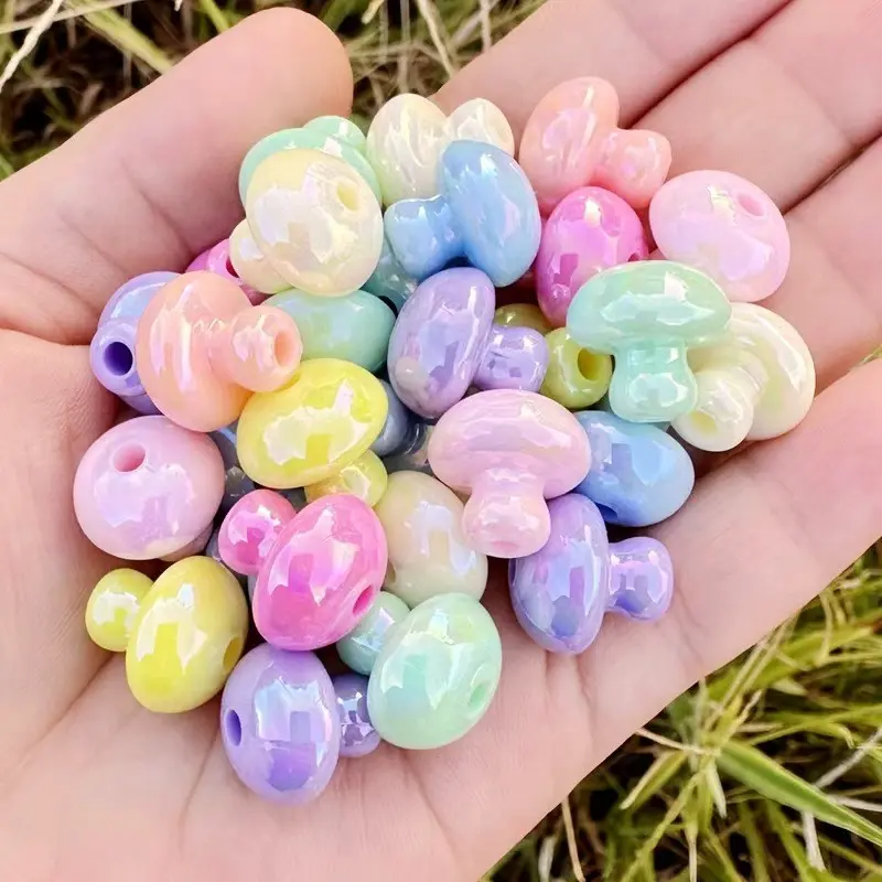 20pcs 3D Mini Mushroom Ab Iridescent Acrylic Beads, Vertical Hole Macaron Loose Beads, DIY Pen Phone Charm Keychain Jewelry Making Accessories