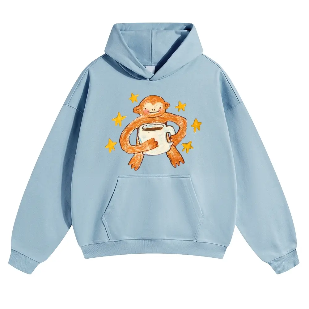 Unisex Children's crayon drawing of a cartoon little monkey holding a coffee cup with stars Graphic hoodie Personalized Pattern Y2k Clothing Round Neck hoodie,Women's Clothing, Menswear, Top, Vintage Style,Summer Casual Oversized