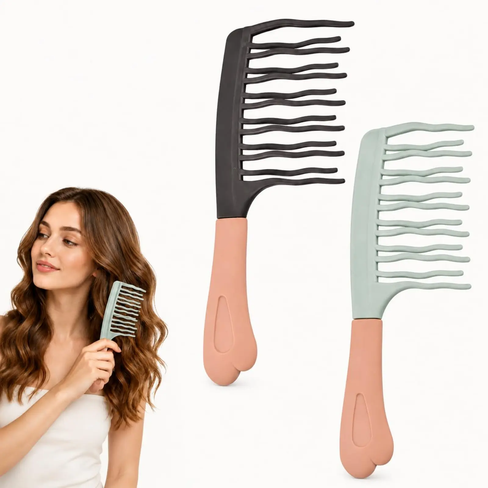 Double Row Wide Tooth Detangling Shower Comb, Wavy Large Teeth Hair Brush for Wet & Dry Thick Curly Long Hair, Styling Tool for Women & Men