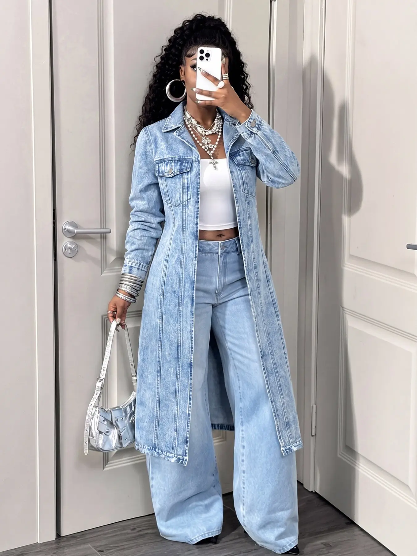American Style Unique Denim Jacket, Patchwork Long Skirt Design, Turn-Down Collar, Dual Pockets, Slim Fit, Long Sleeve Denim Coat, Outerwear
