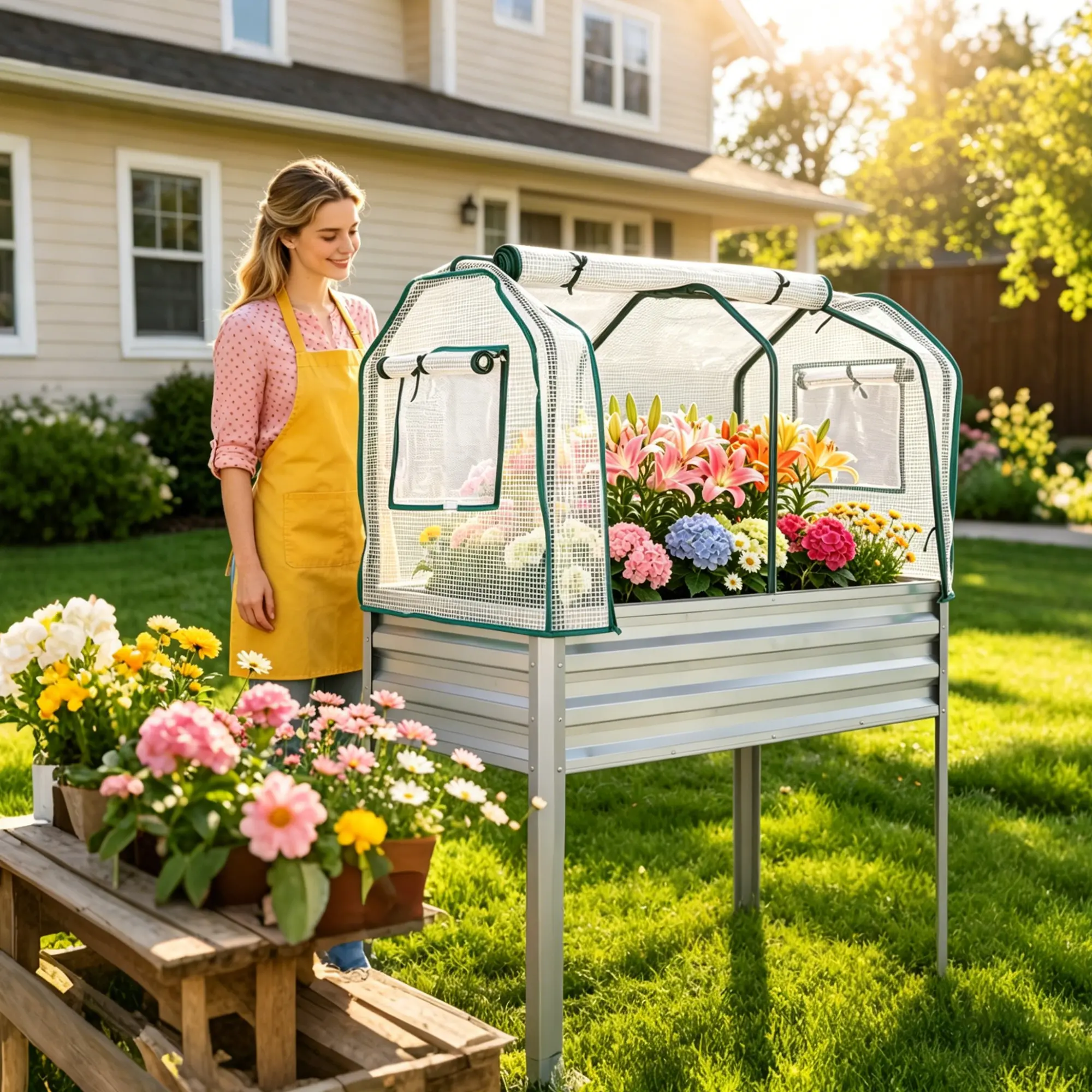 Mobile Raised Metal Garden Bed with Greenhouse Cover – 2x4 ft Elevated Planter Box on Wheels – Portable Flower, Vegetable & Herb Planter for Patio, Balcony, Yard