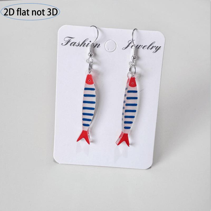 Cartoon Cute Fish Earrings 2D Flat Acrylic European and American Fashion Creative Blue and White Striped Small Fish Earrings