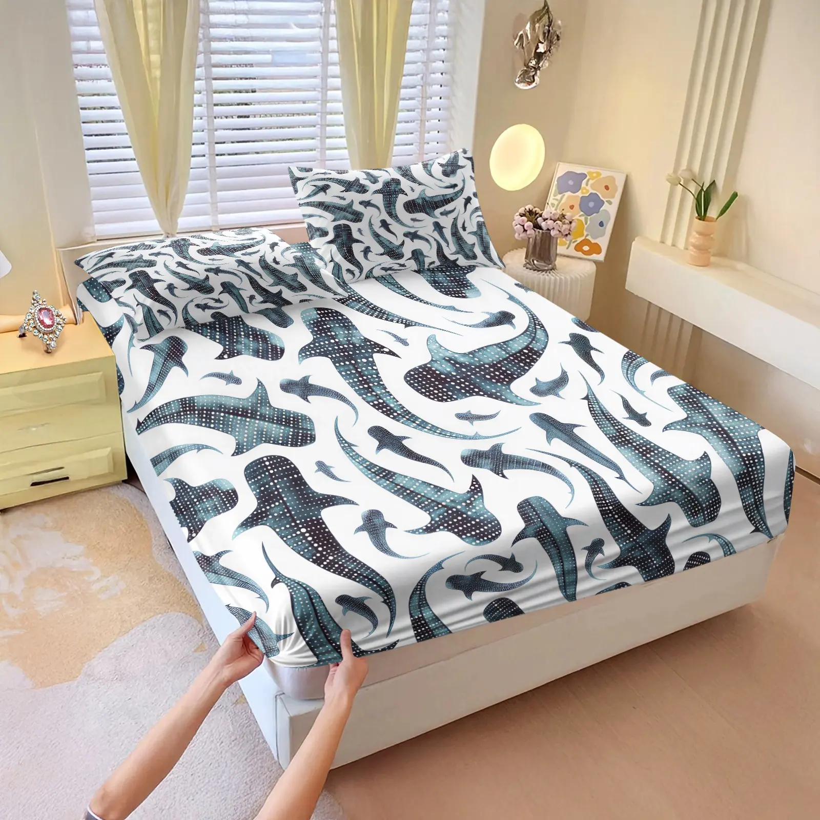 3Pcs Whale Shark Fitted Sheet Set, 1 Fitted Sheet+2 Pillowcases, No Filling, Ocean Marine Animal Print, 360° Elastic Deep Pocket, Soft Breathable Microfiber, Machine Washable Bedding for Bedroom Kids Room Decor