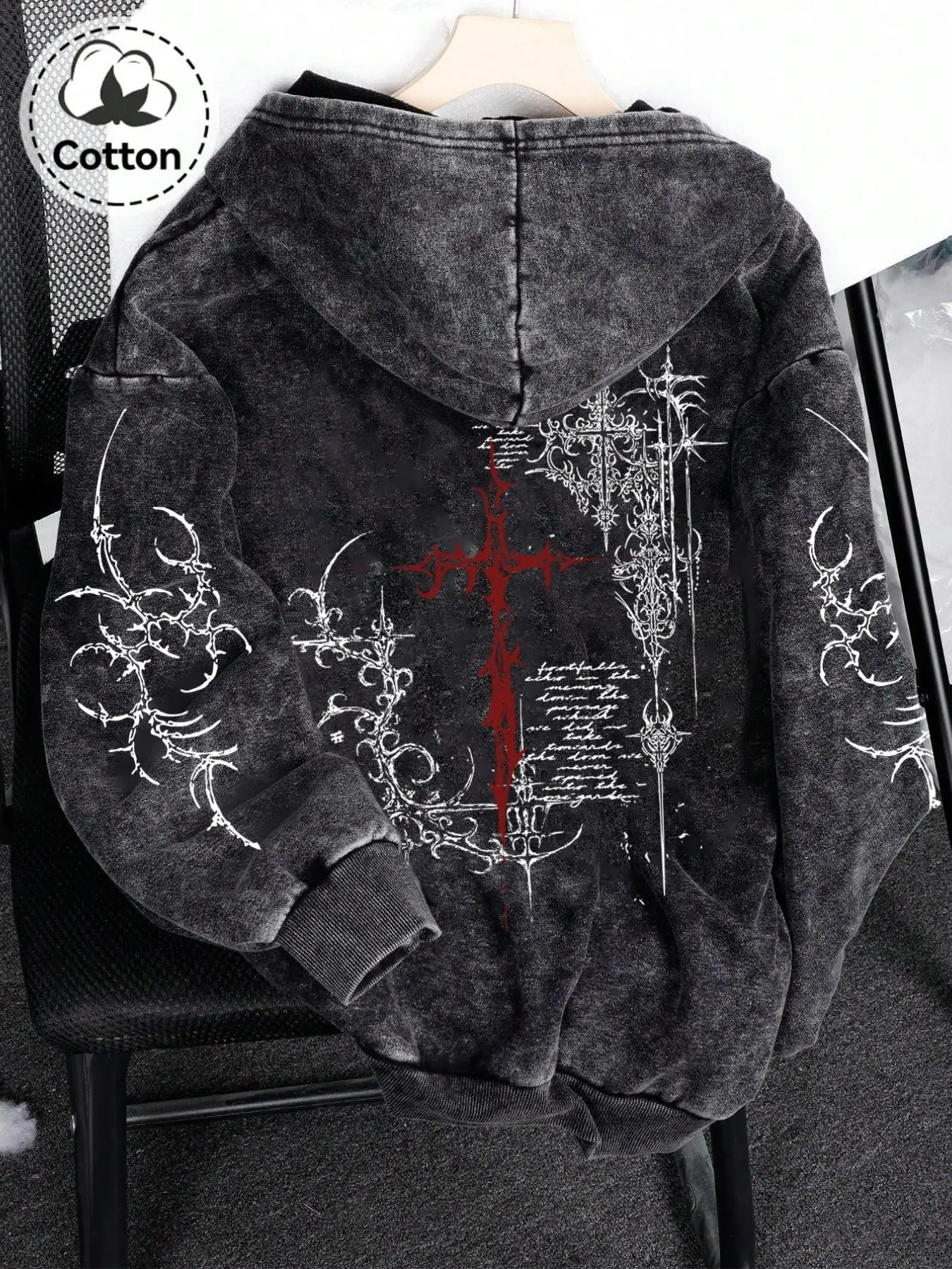 New Men's Zipper Open Front Sweatshirt, Cross Thorns Pattern Print Hooded Sweatshirt, Spring Fall Fashion Cotton Hoodie, Casual Daily Wear