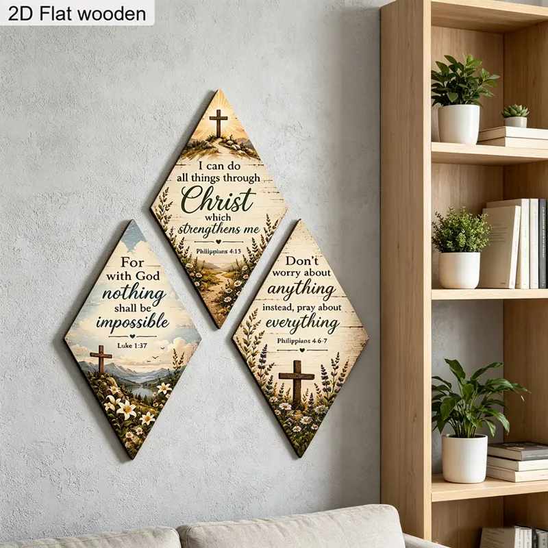 3 Pcs Christian Bible Verse Wooden Wall Decor Set, Diamond Shaped Scripture Wood Hanging Signs, Religious Faith Cross Wall Art Plaque for Home Living Room Bedroom Decoration