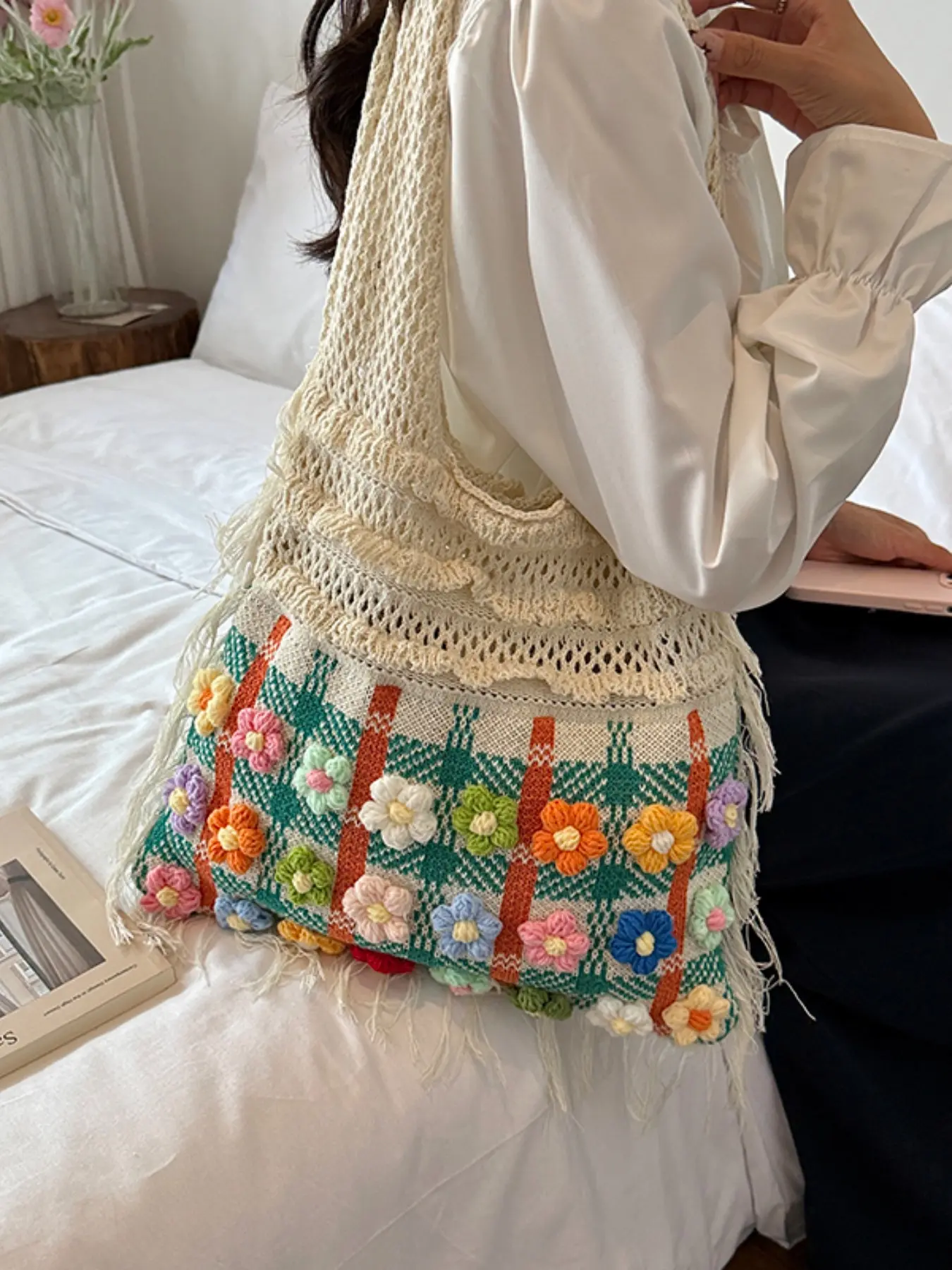 Dopamine Floral Handmade Knitted Bag, Yarn Crochet Kit DIY Gift, Flower Shoulder Bag, Craft Supplies for Creative Projects