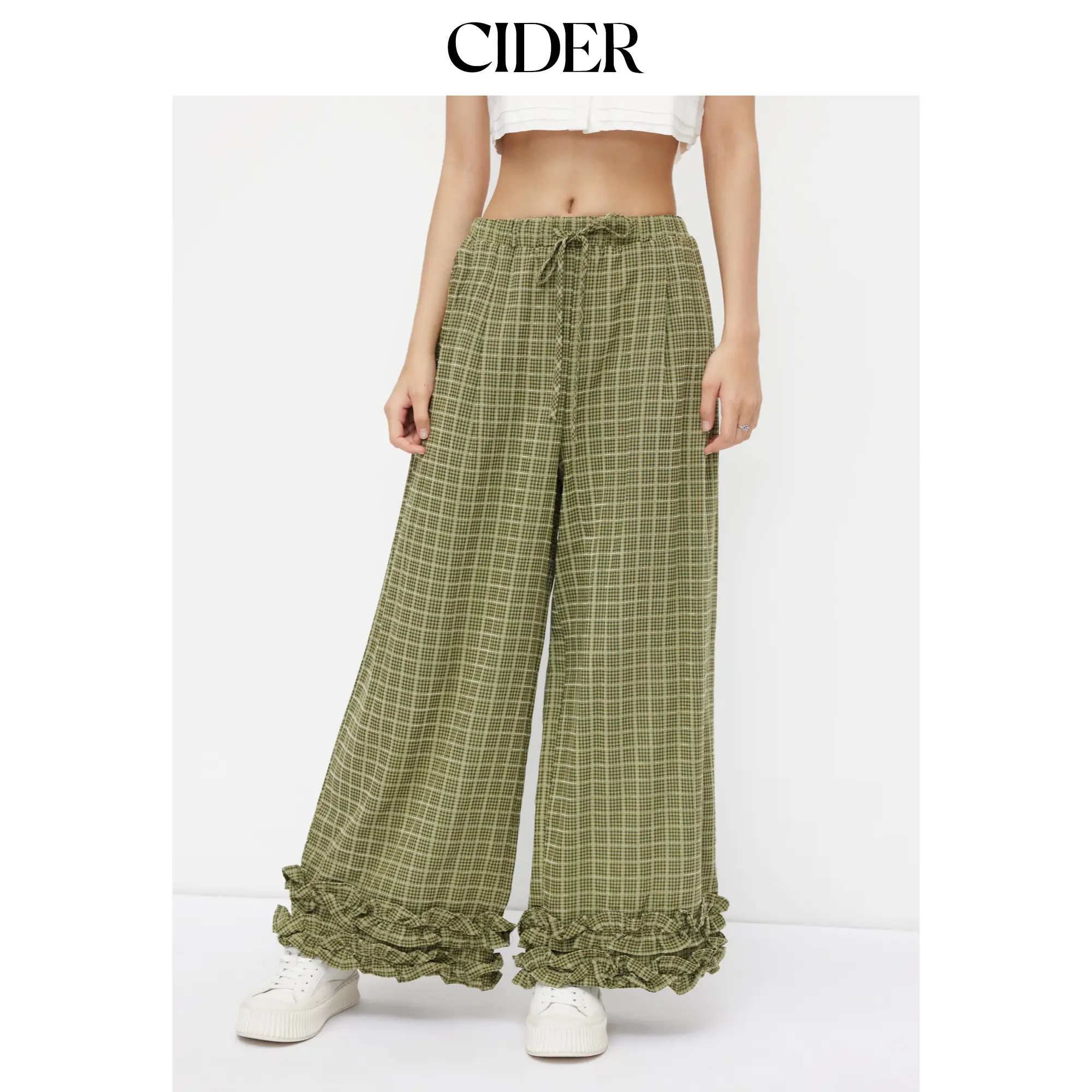 Cider Mid Rise Check Drawstring Lettuce Trim Trousers