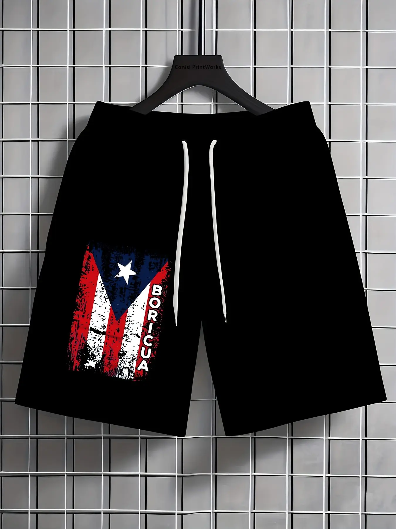 Classic everyday casual stretch breathable vintage Cultural boricua puerto rican flag graphic knee length shorts for young guys island festival backyard cookout lake jogging trending mens caribbean streetwear fashion inspo Beach Jogging Shorts