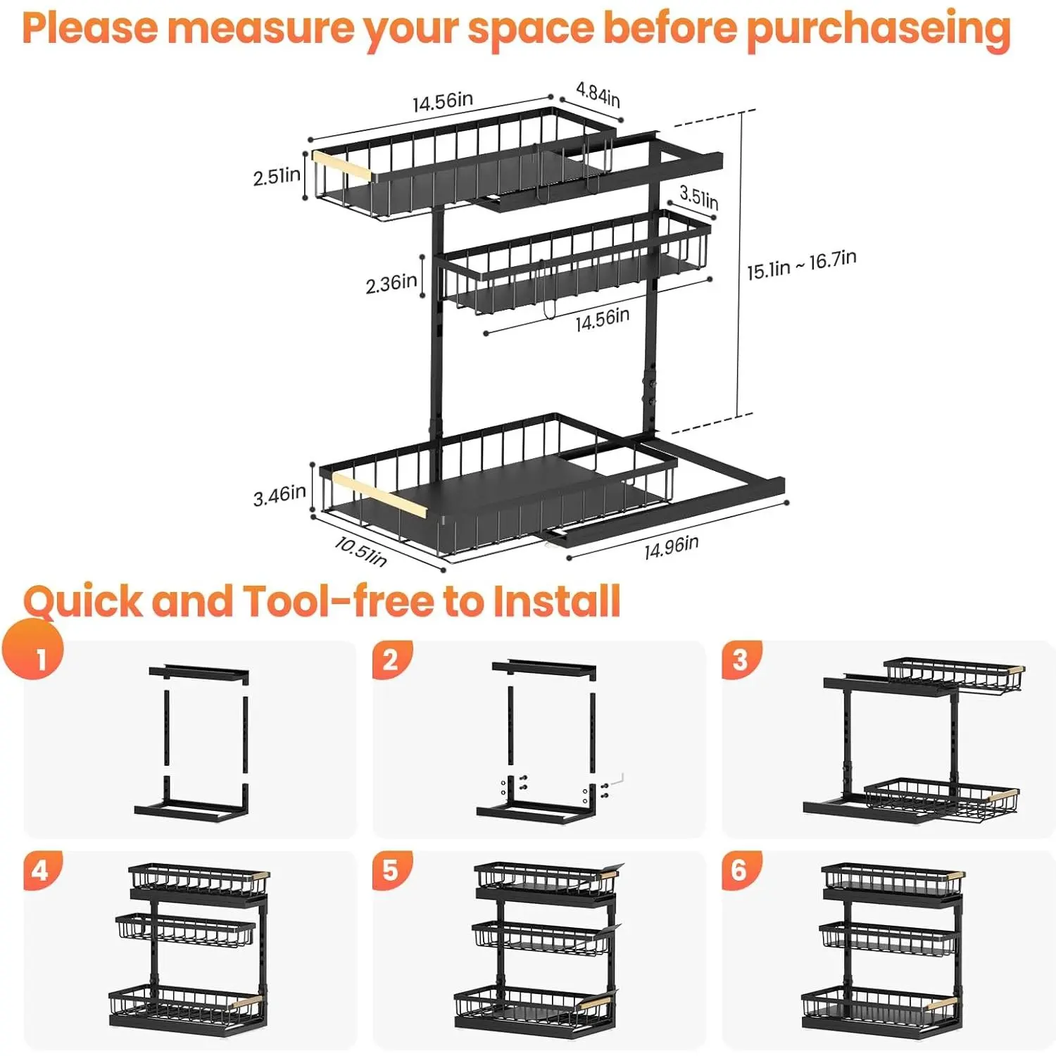2-Pack 3-Tier Under Sink Organizer, Pull-Out Sliding Shelves for Kitchen and Bathroom Cabinet Storage