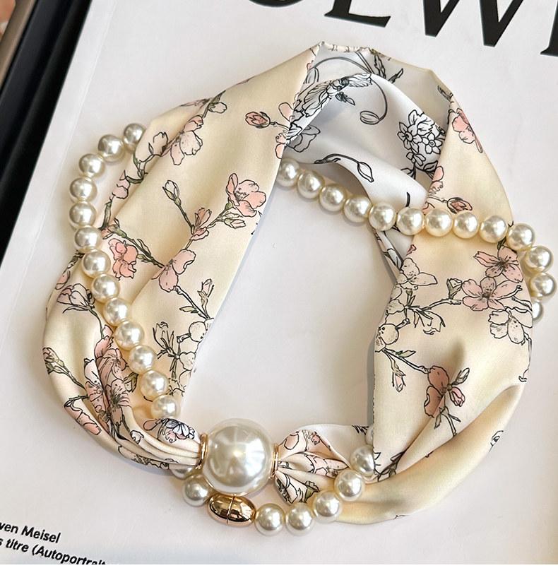 Boho Pearl Chain Scarf Necklace, Black White Rose Print Silk Scarf, Unique Neck Jewelry for Women Gift for Her