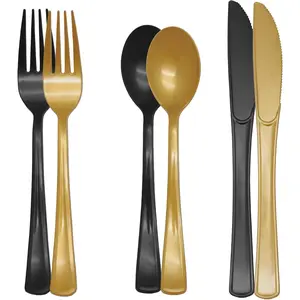 150 PCS Black and Gold Heavy Duty Plastic Silverware Cutlery Tableware Sets Includes Spoons Forks Knives for Birthday 2026 Graduation Party