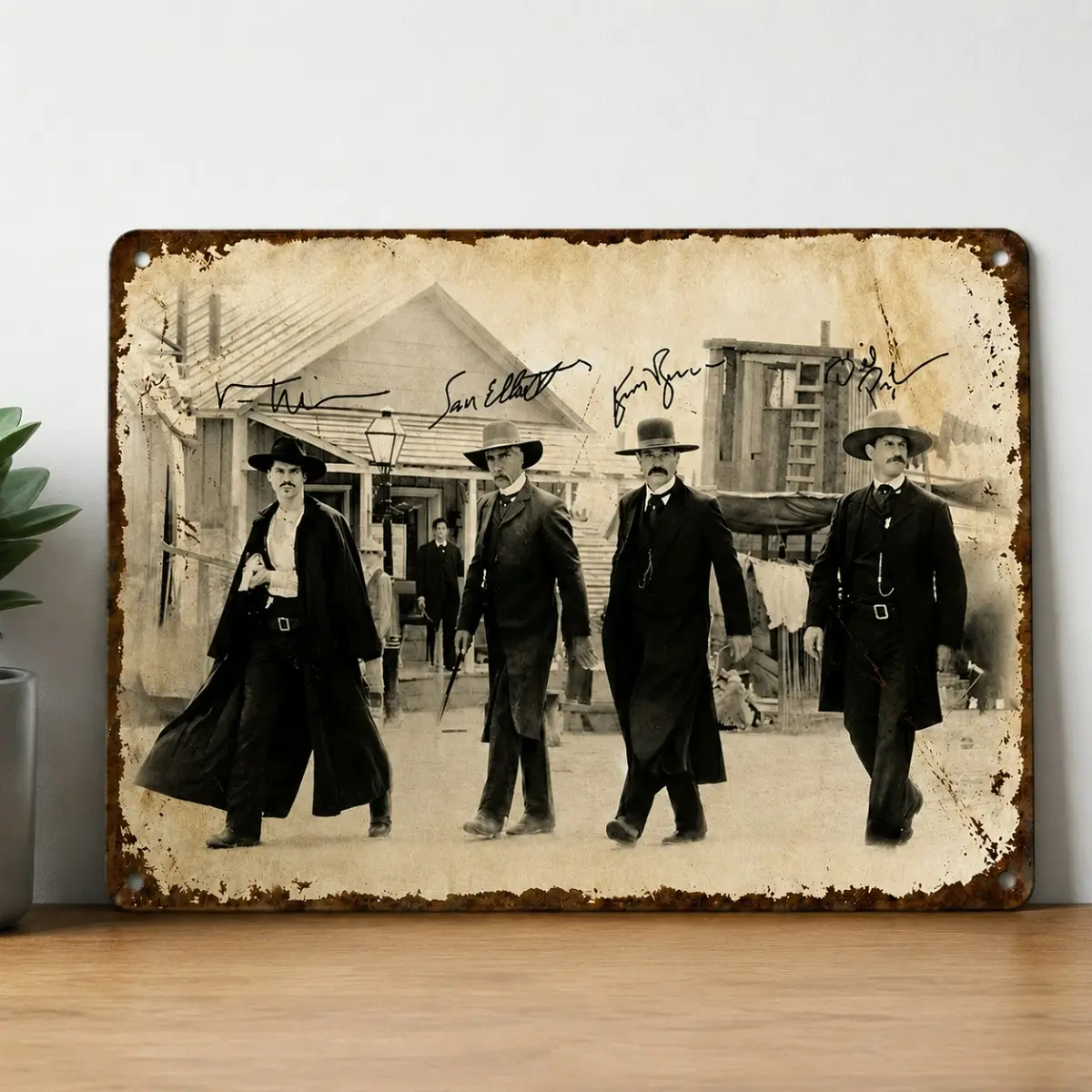 8-in Vintage Western Cowboy Metal Wall Plaque - Wyatt Earp Doc Holliday Tombstone Scene Decor, Lightweight Farmhouse Pre-Drilled Holes Hanging Sign for Home Bar, Gift Idea for Cowboy Fans