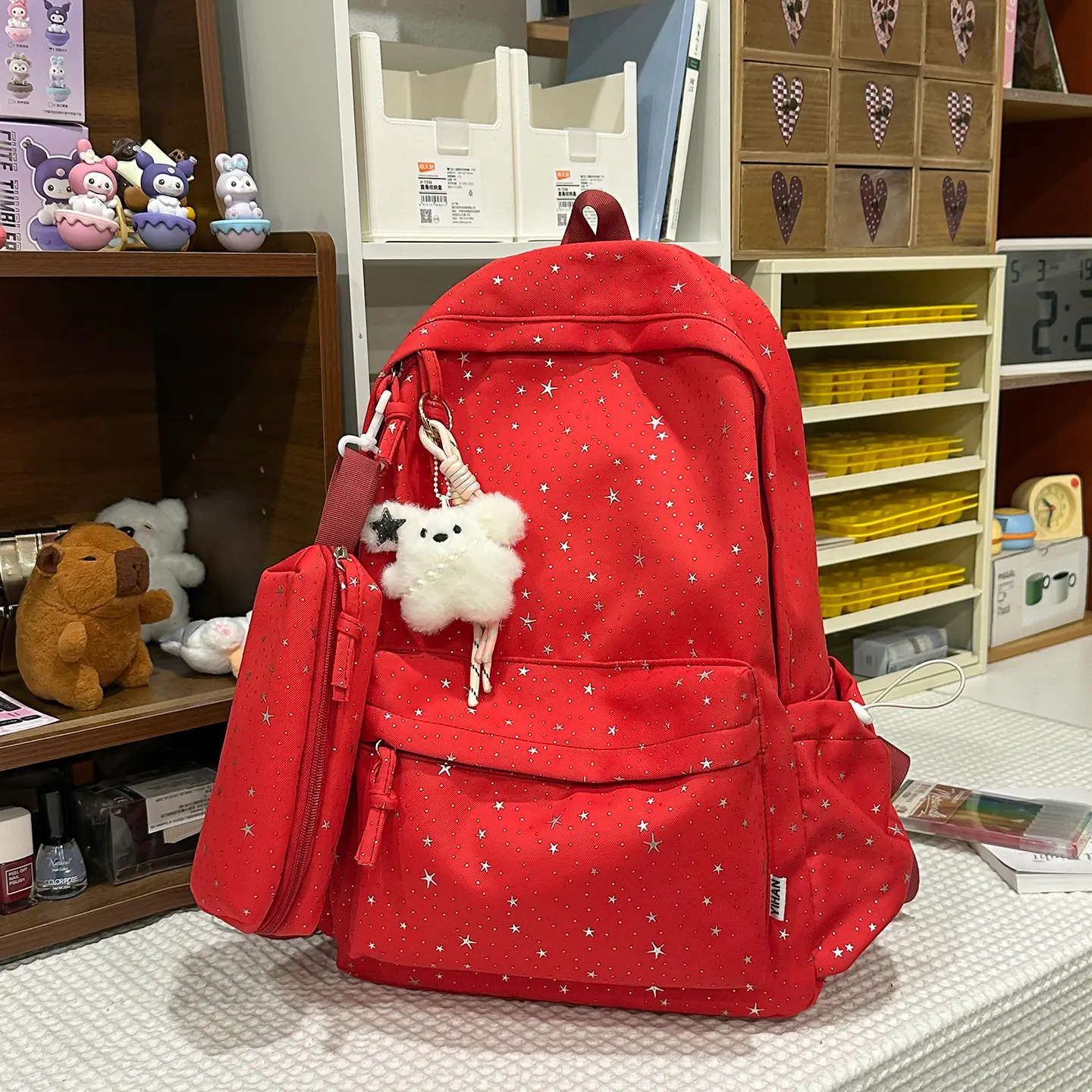 Kawaii Star Print Girls' Backpack - Lightweight Multi-Pocket Book Bag with Plush Charm, Aesthetic Casual Daypack for Teen Students, Back to School Use, Book Bags