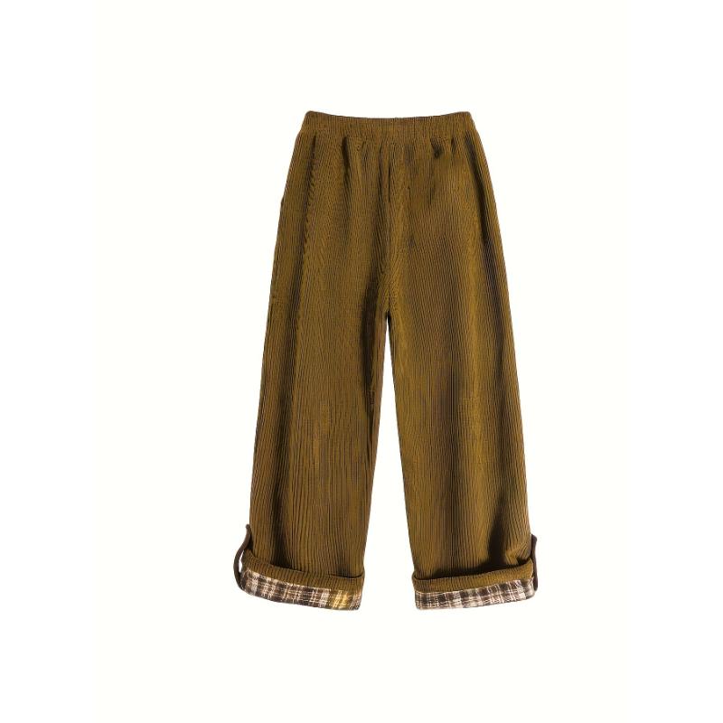 Fashion men's wear: Men's Casual Corduroy-Textured Wide-Leg Pants with Plaid Contrast Cuffs - Beige & Brown All-Season Straight-Leg Trousers, Machine Washable for Casual Attire