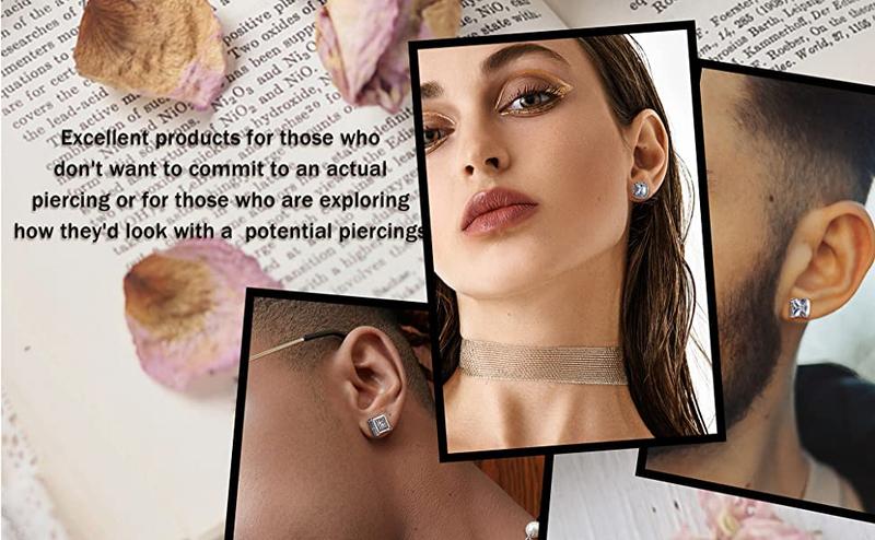 Sanfenly 6 Pairs Magnetic Earrings for Women Men Stainless Steel Cubic Zirconia Stud Round Square Teardrop Earrings CZ Non Pierced Hypoallergenic Fake Earrings Set Gift