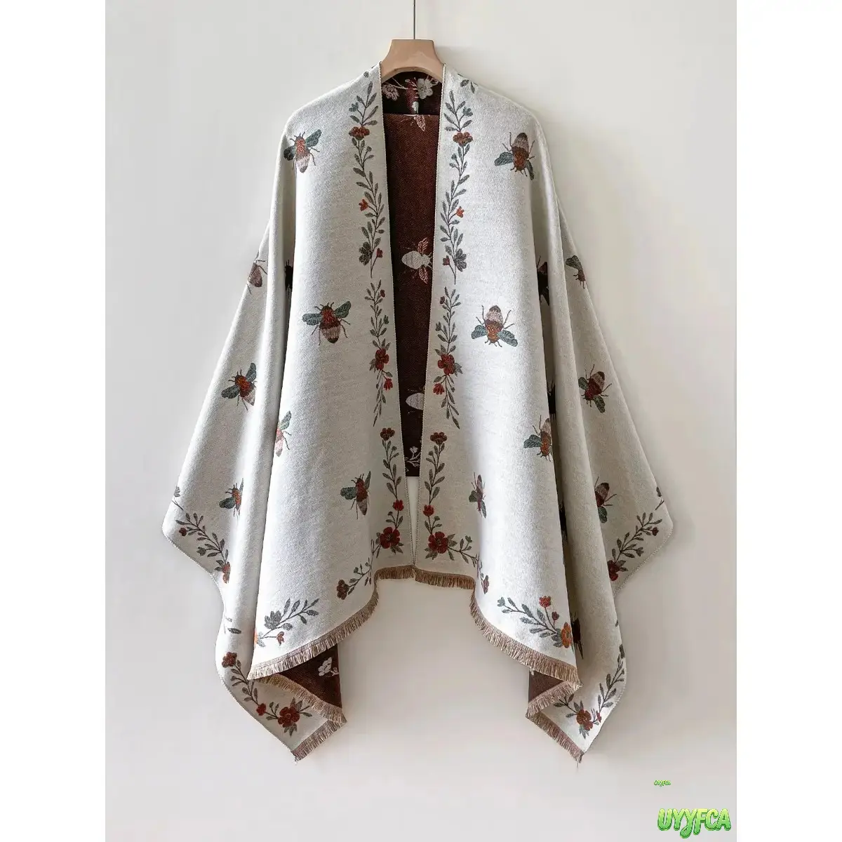 Sided Bee Floral Print Oversized Shawl Wrap For Women, Boho Cottagecore Fringed Knit Throw Scarf, Reversible Warm Soft Woven Blanket Scarf, Large Size Lightweight Cover Up For Fall Winter Daily Travel Evening Outfit