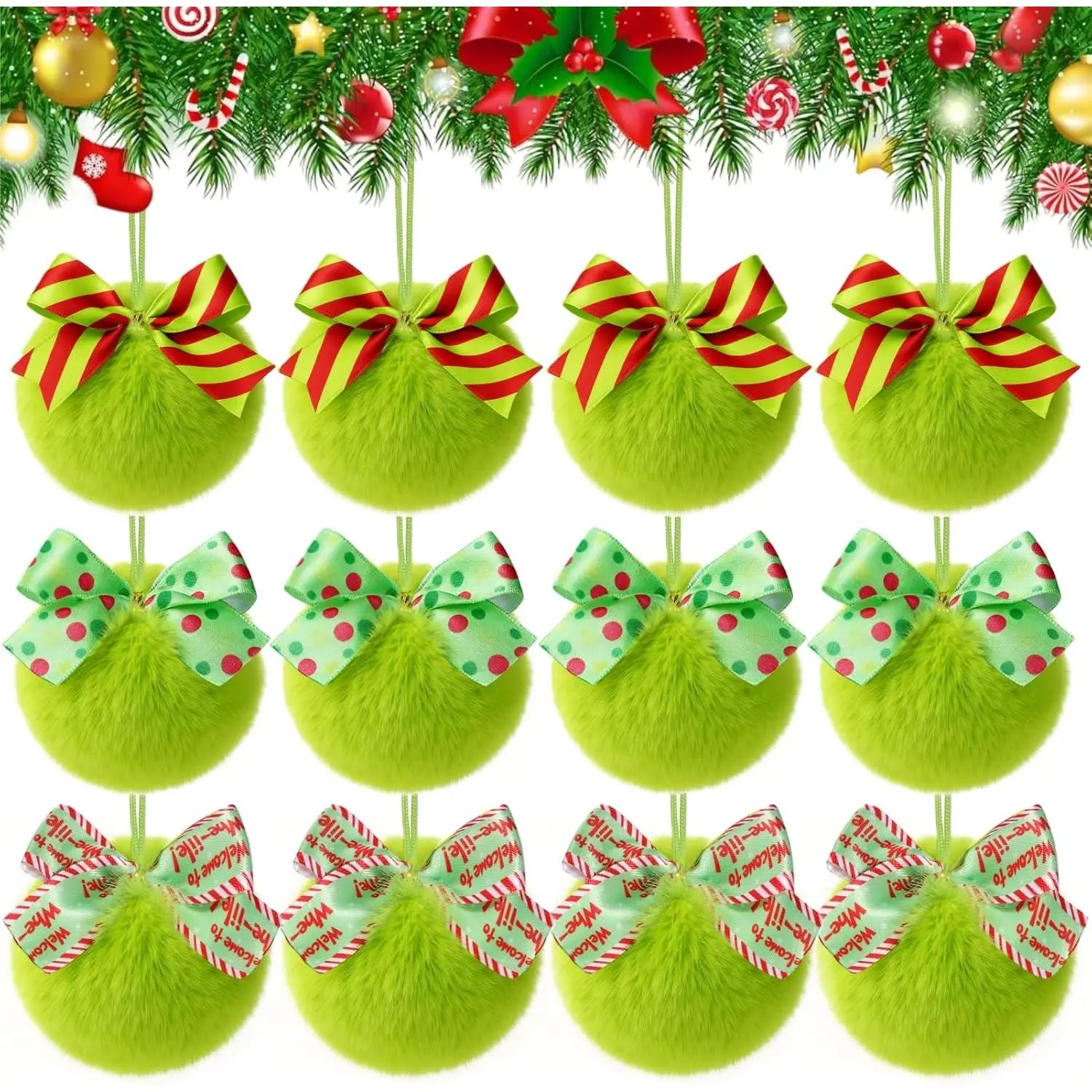 12 count Green Furry Christmas Ball Ornaments, Christmas Pom Poms  Soft Plush Ball Ornaments for Xmas Tree Fireplace Mantel  Party  Pendant Decorations