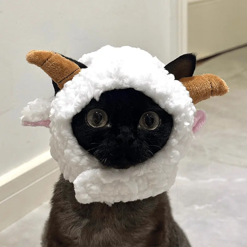 Cute Sheep Pet Head Hood, 1-Size Funny Warm Cosplay Headgear for Small Dogs & Cats, Sun-Protective Sports & Outdoor Photo Shooting Accessory, One Size